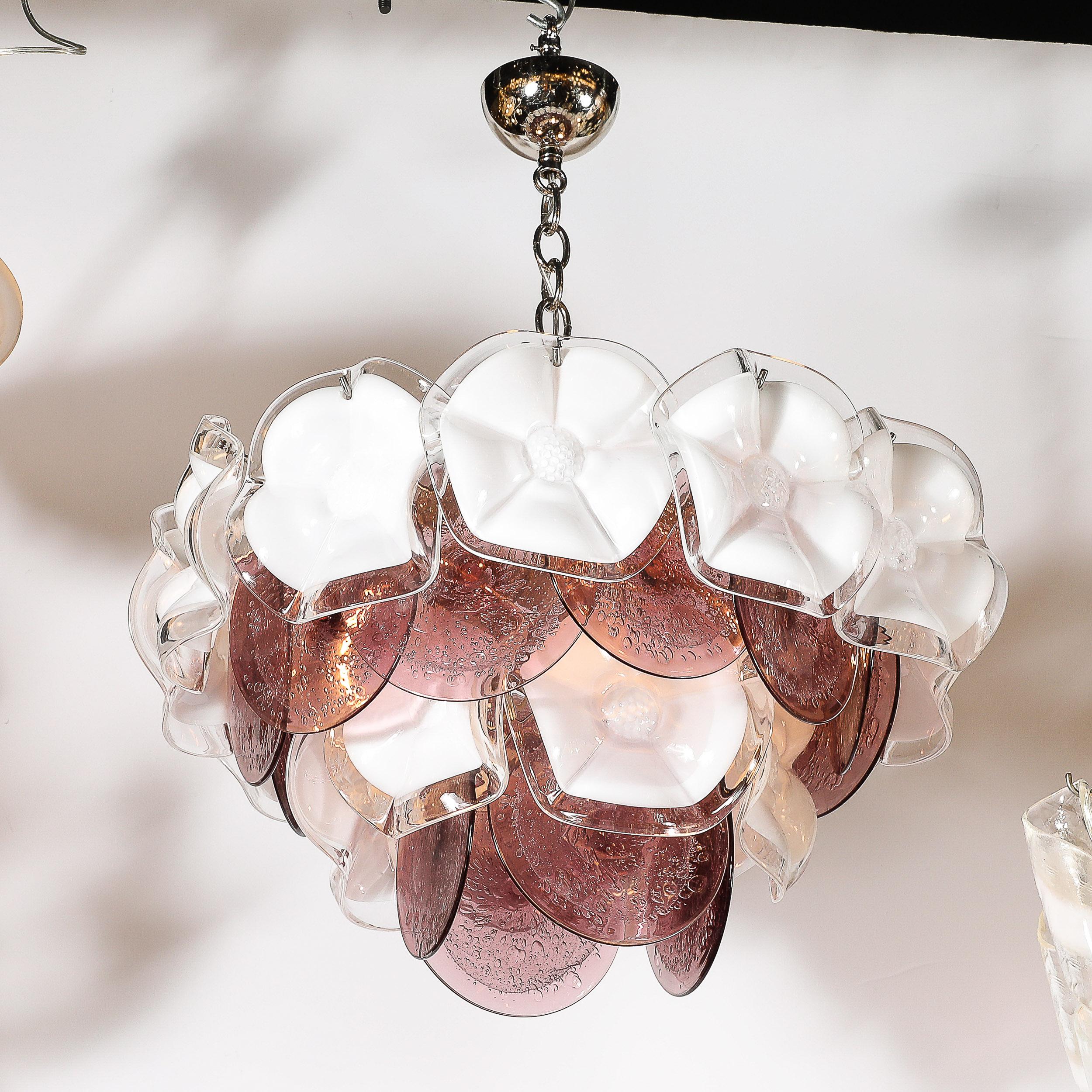Lampadario floreale di metà secolo in vetro di Murano soffiato a mano, bianco e ametista fumé 3