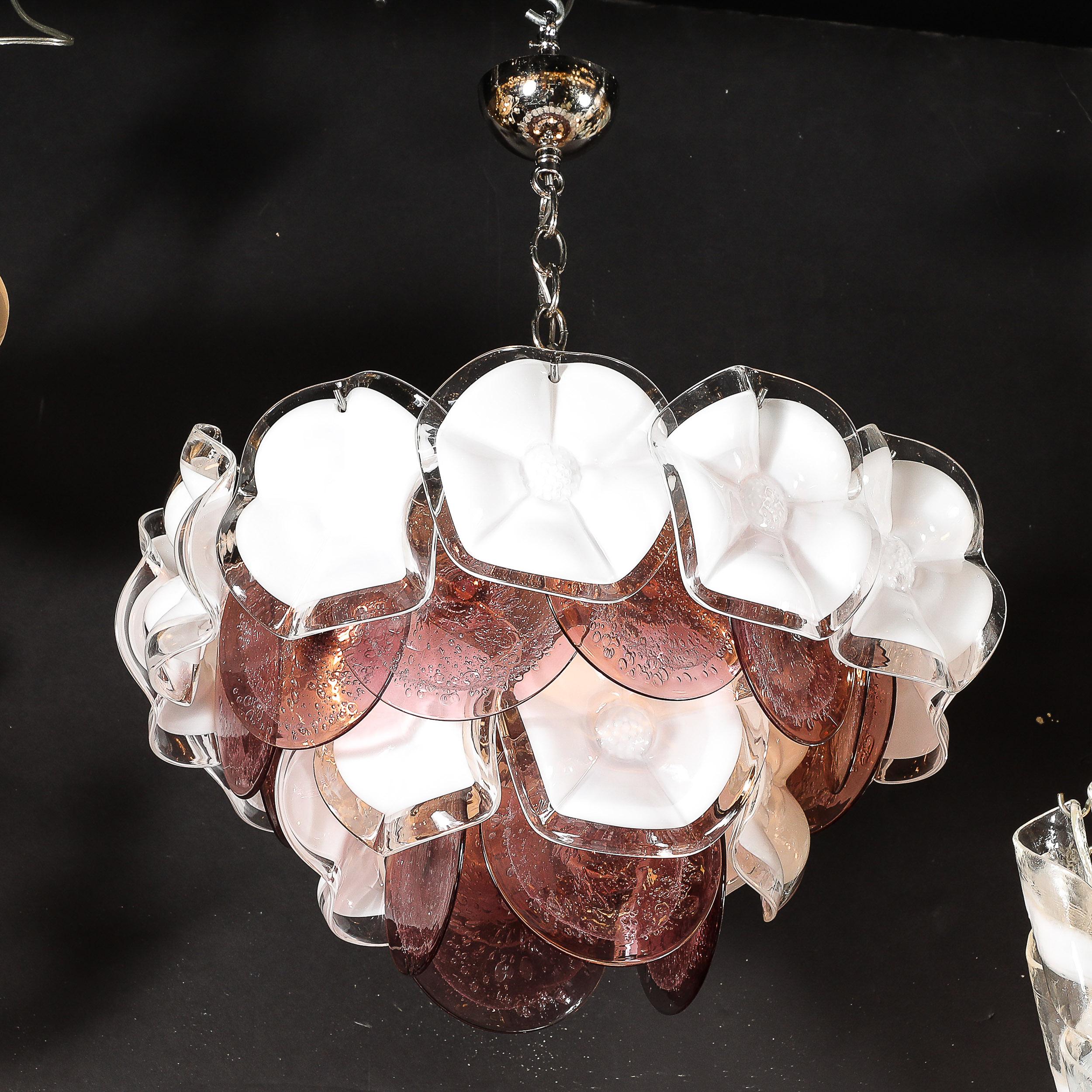 Lampadario floreale di metà secolo in vetro di Murano soffiato a mano, bianco e ametista fumé 6