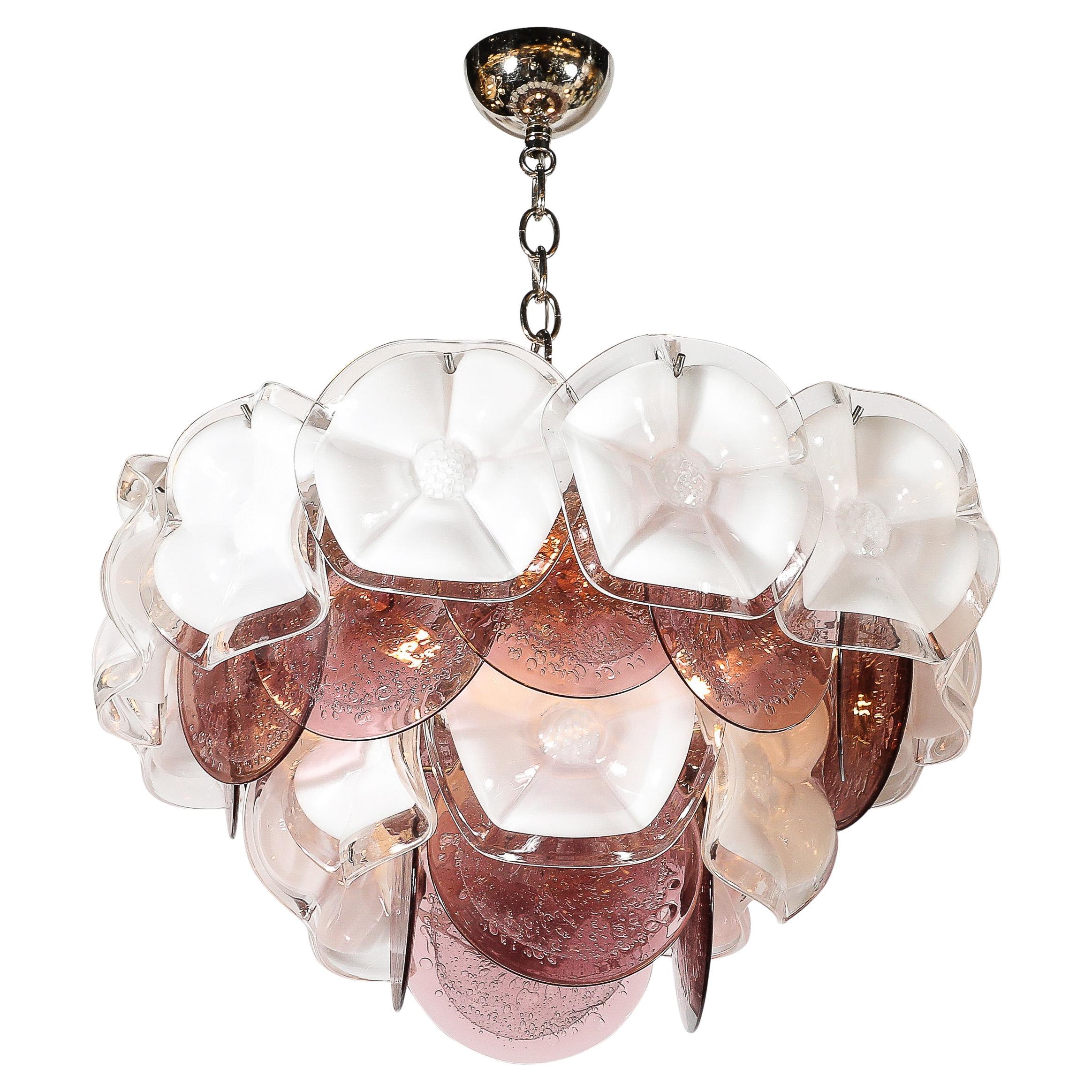 Mid Century Hand-Blown Murano Glass White & Smoked Amethyst Floral Chandelier
