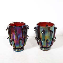 Mid-Century Hand-Blown Murano Iridescent & Ruby Glass Vases w/ Petal Detailing