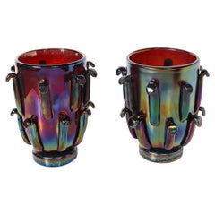 Mid-Century Hand-Blown Murano Iridescent & Ruby Glass Vases w/ Petal Detailing