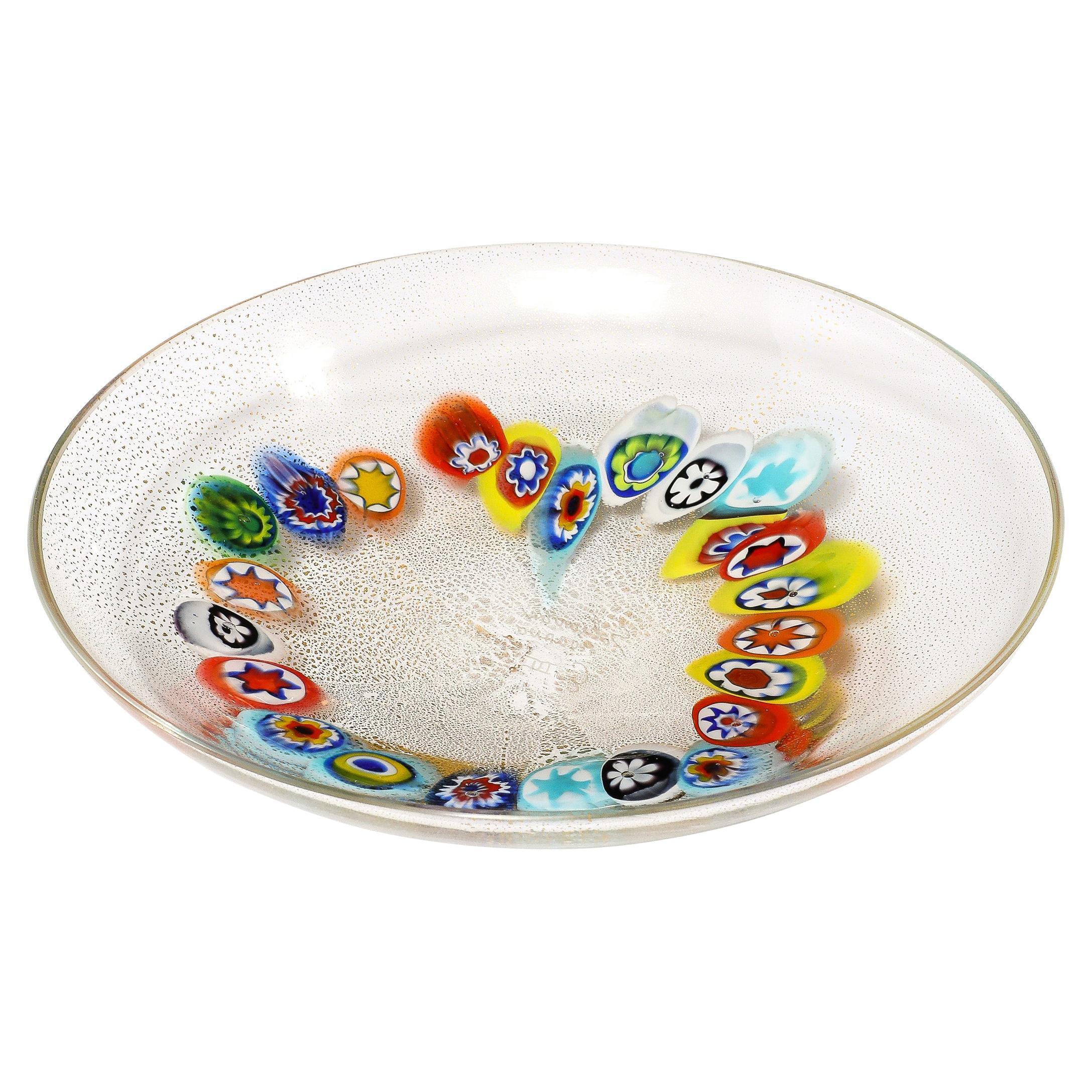 Mid-Century Hand-Blown Murano Millifiori & 24 Karat Gold Flecked Glass Bowl