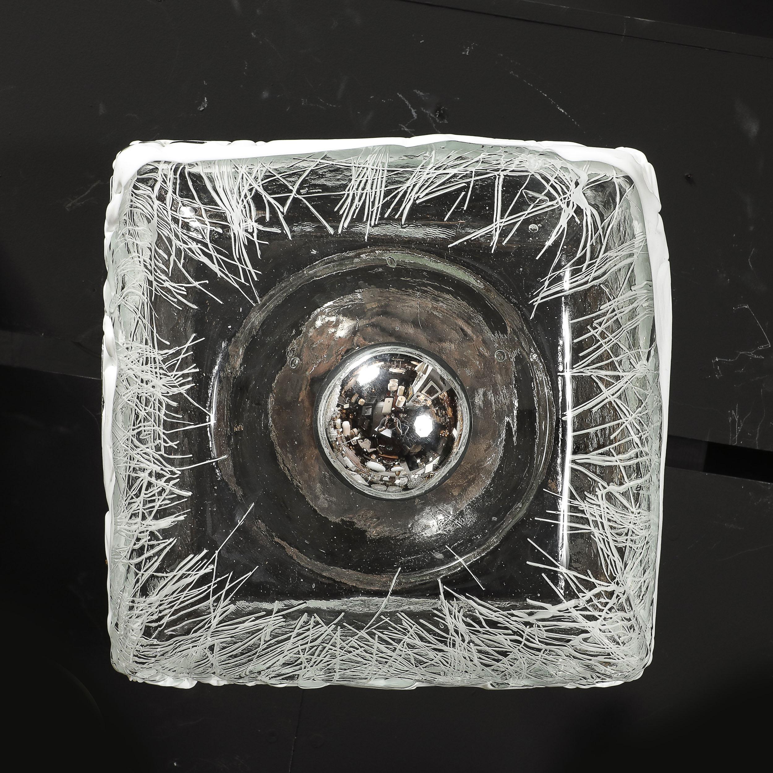 Enhance your interior lighting with this stunning Mid-Century Modernist Hand-Blown Murano Glass Semi-Flushmount Chandelier, created by Mazzega in Italy circa 1970. This exceptional piece features expertly crafted mottled and white Murano glass,