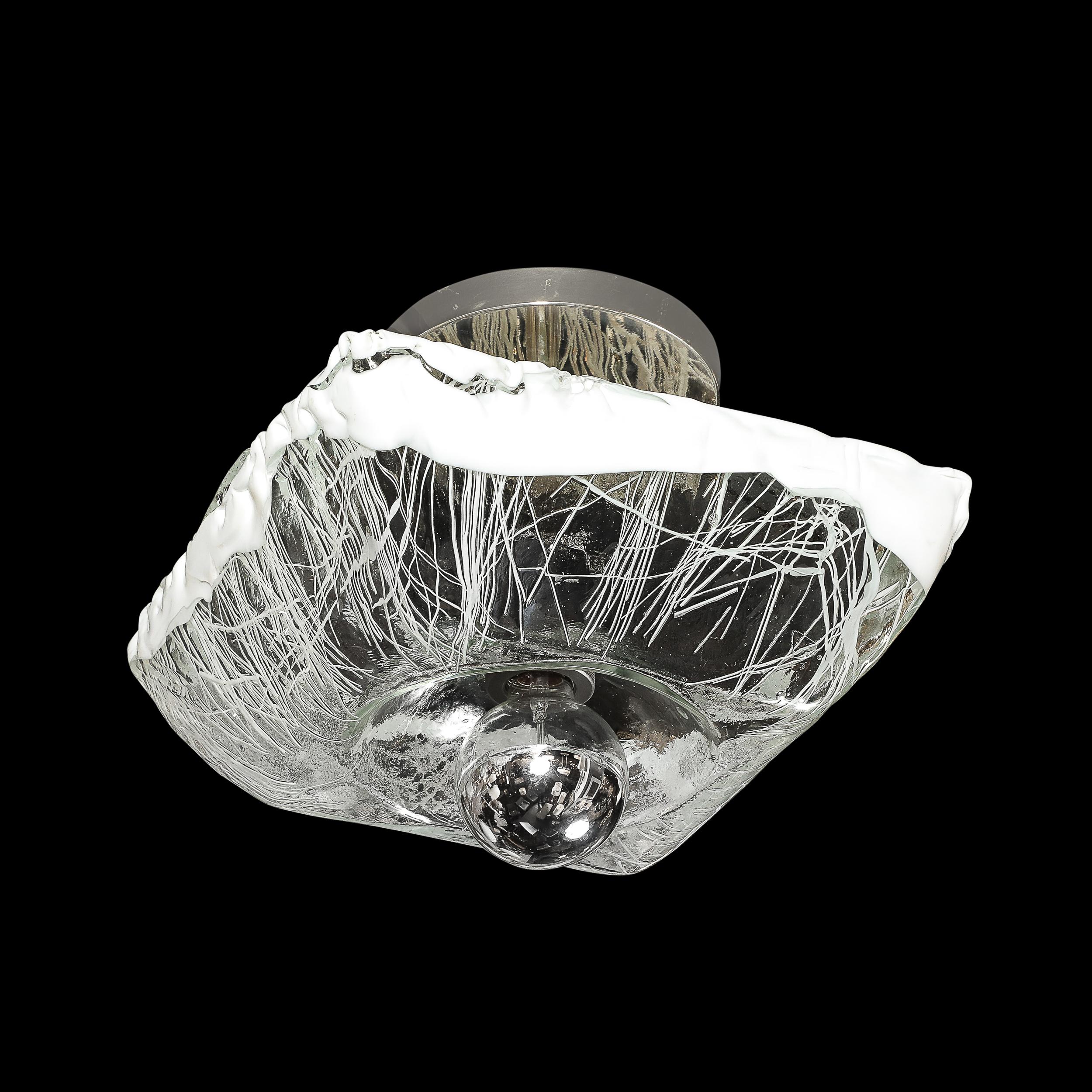 Mid-Century Modern Mid-Century Hand-Blown Murano Mottled & White Glass Semi Flush-Mount by Mazzega