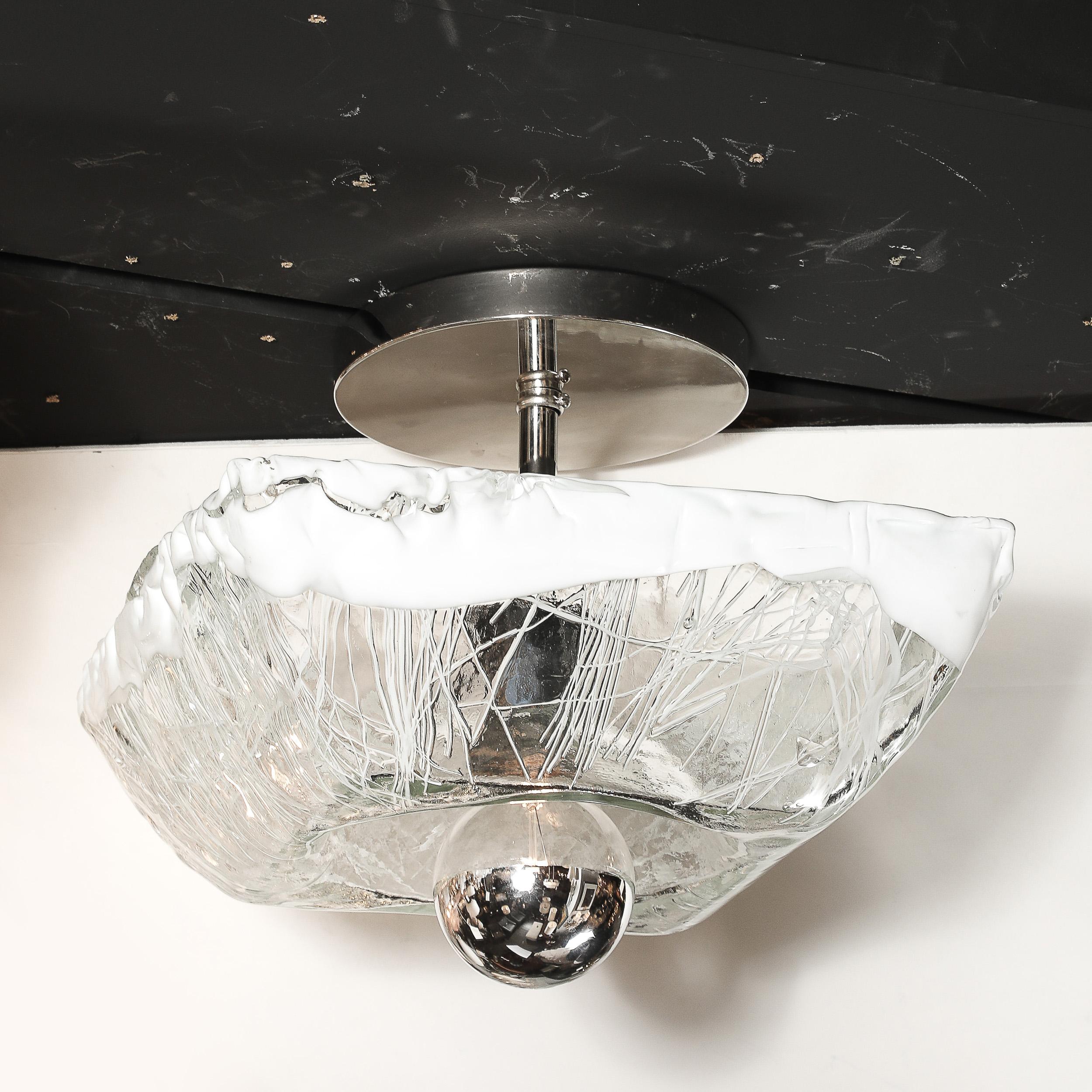 Italian Mid-Century Hand-Blown Murano Mottled & White Glass Semi Flush-Mount by Mazzega