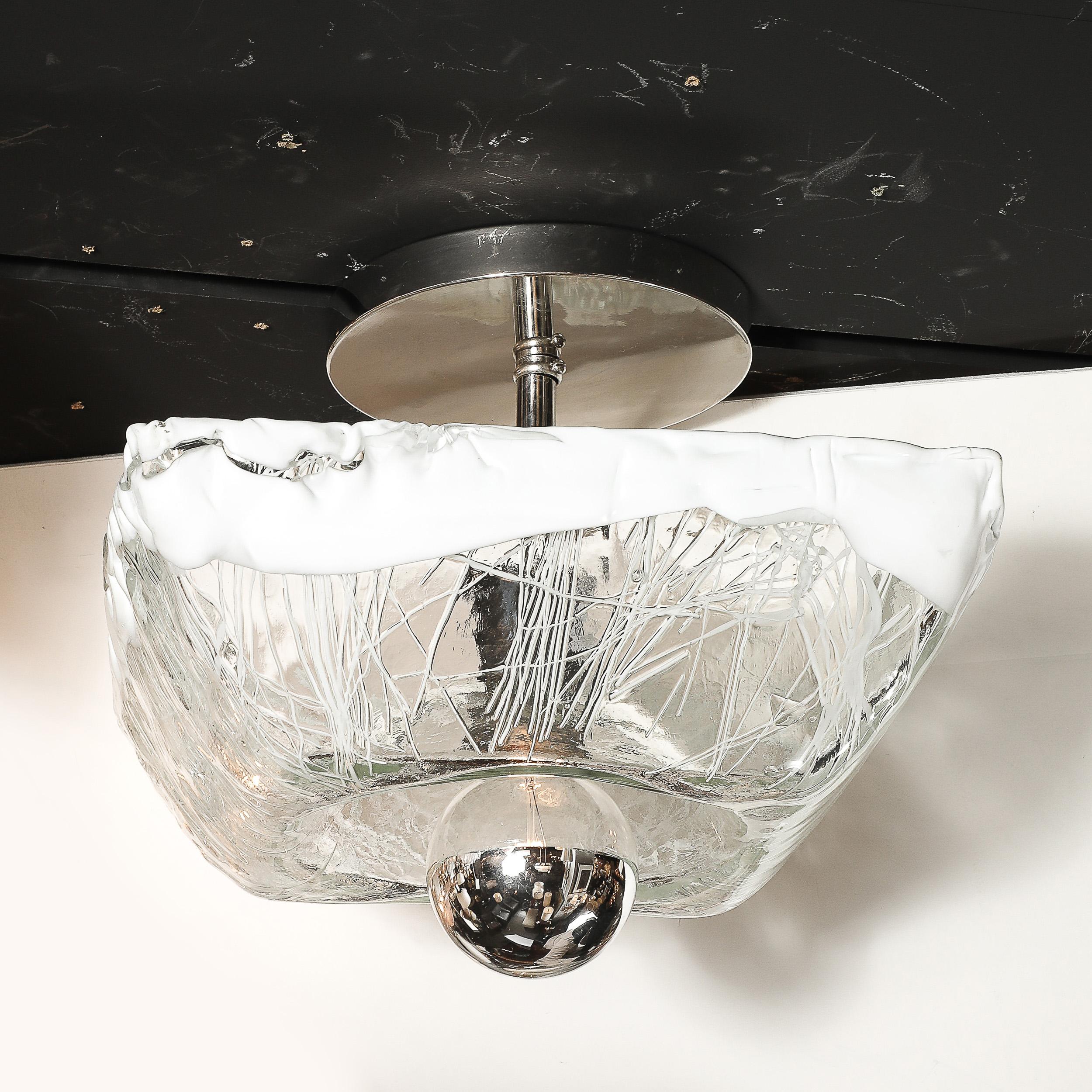Mid-Century Hand-Blown Murano Mottled & White Glass Semi Flush-Mount by Mazzega In Excellent Condition In New York, NY