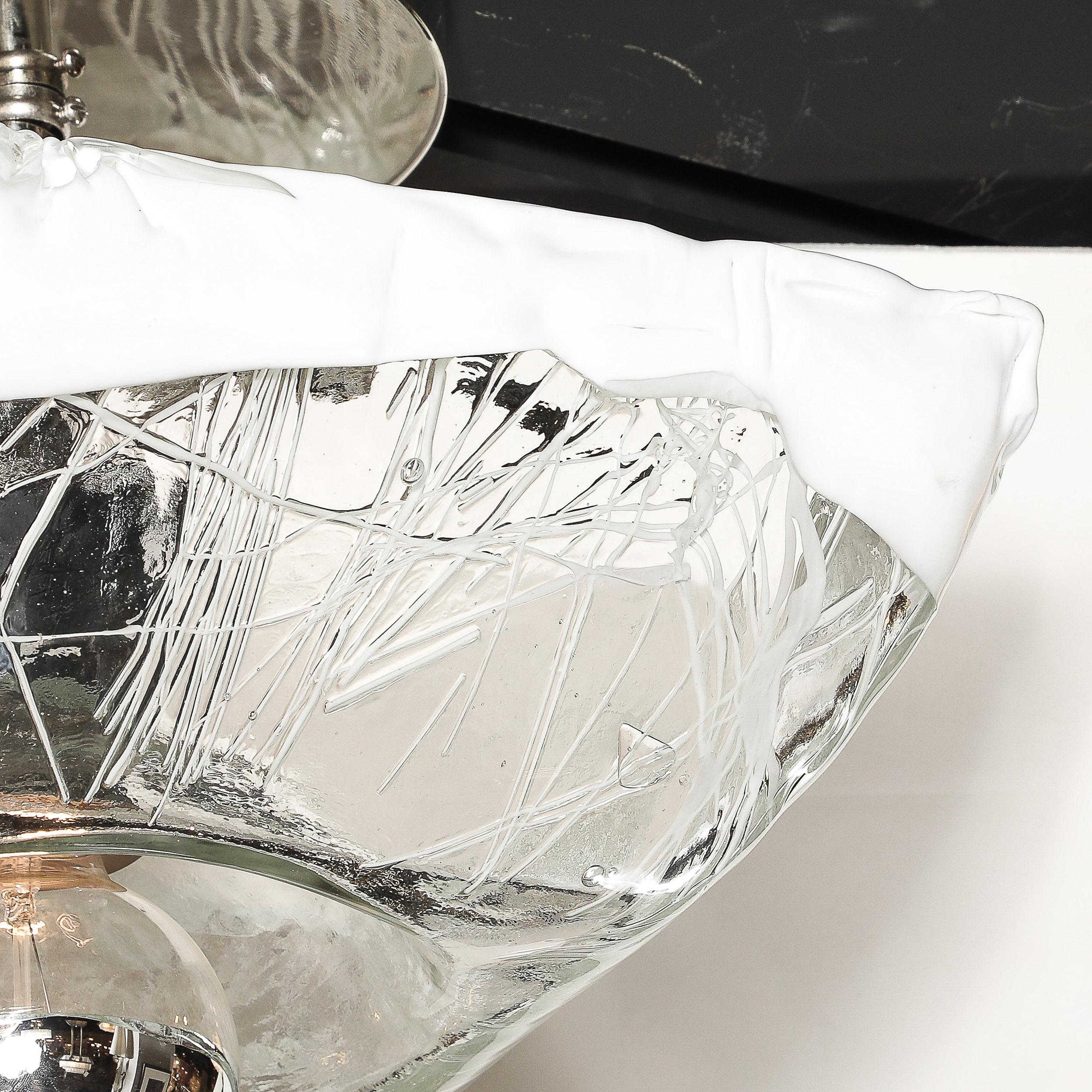 Late 20th Century Mid-Century Hand-Blown Murano Mottled & White Glass Semi Flush-Mount by Mazzega