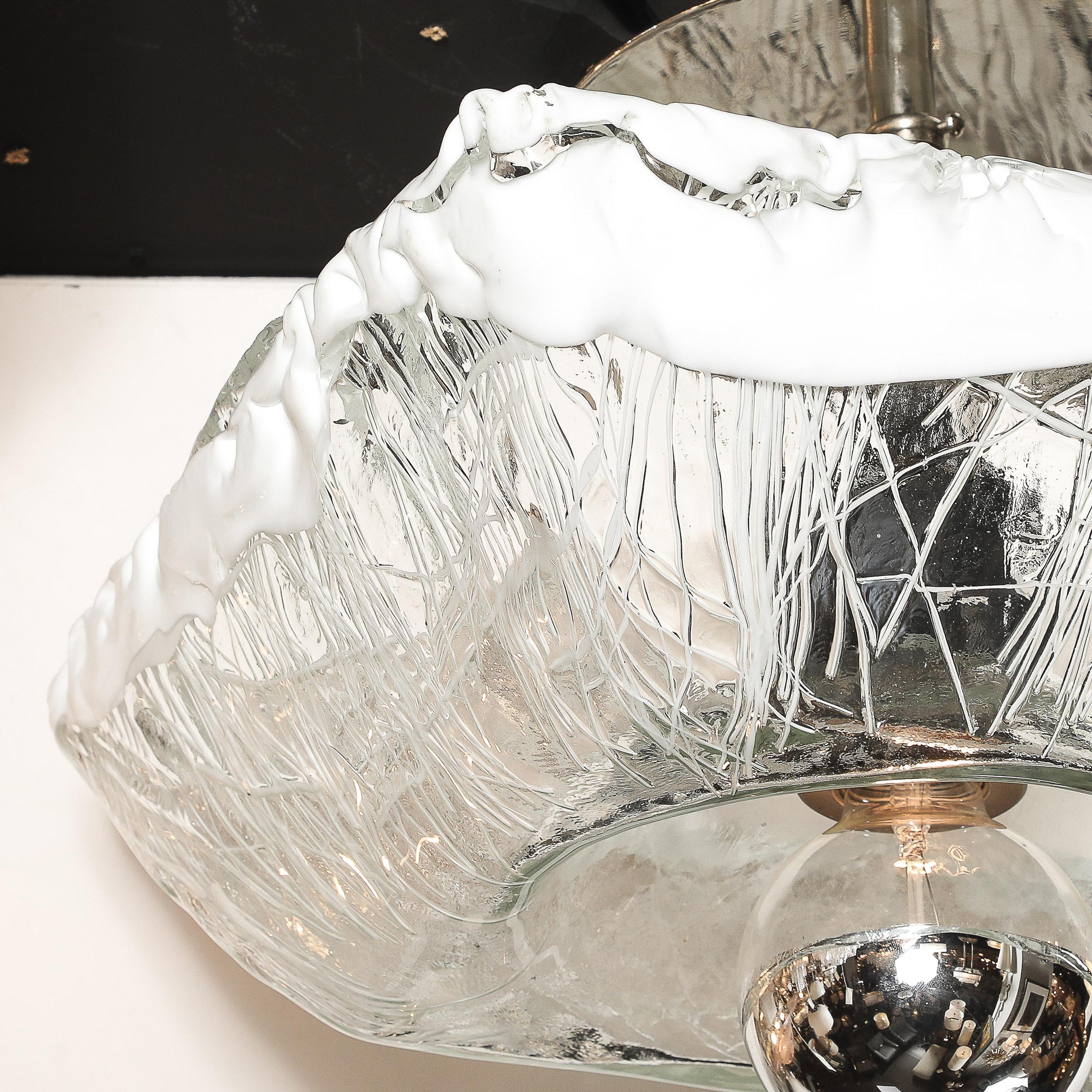 Murano Glass Mid-Century Hand-Blown Murano Mottled & White Glass Semi Flush-Mount by Mazzega