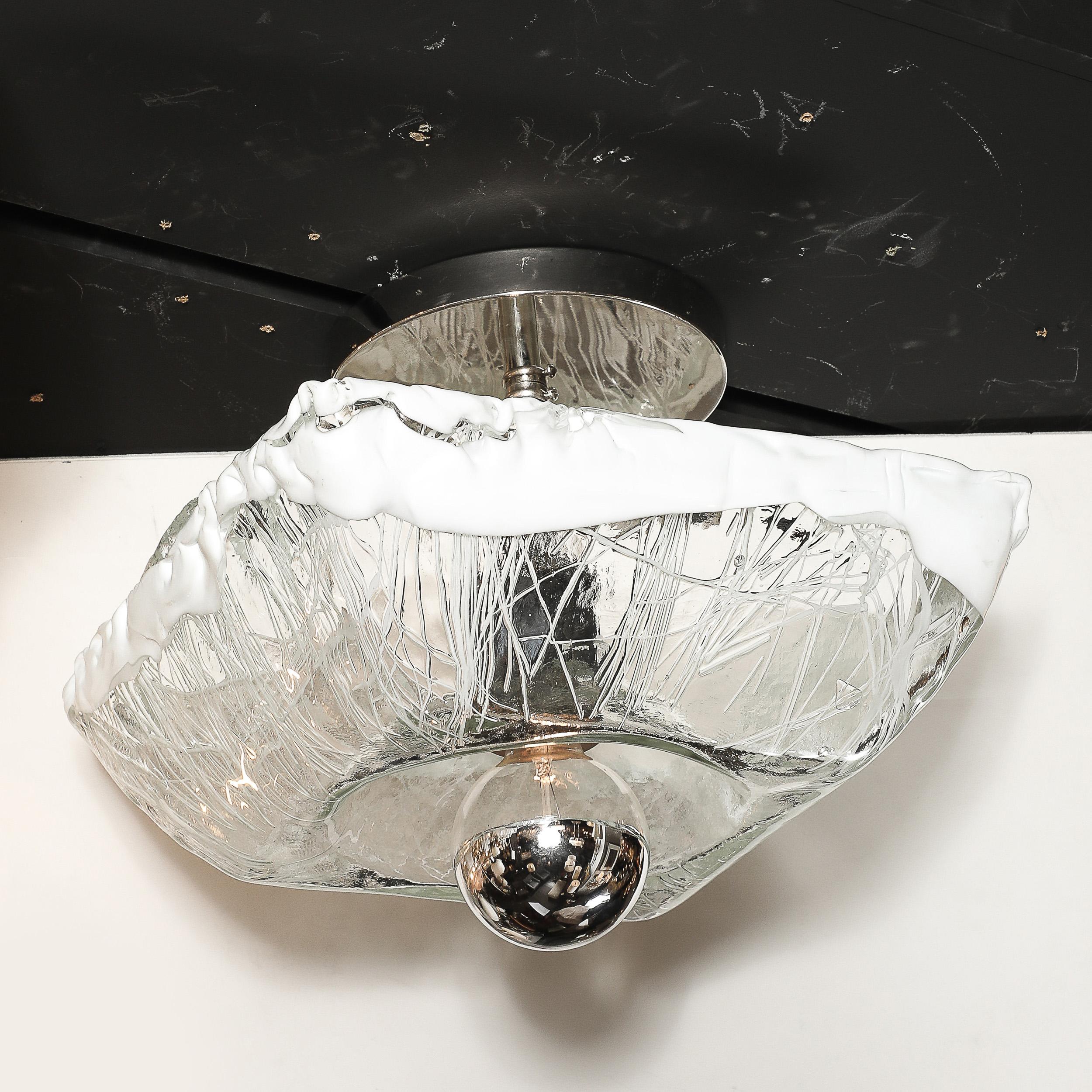Mid-Century Hand-Blown Murano Mottled & White Glass Semi Flush-Mount by Mazzega 1