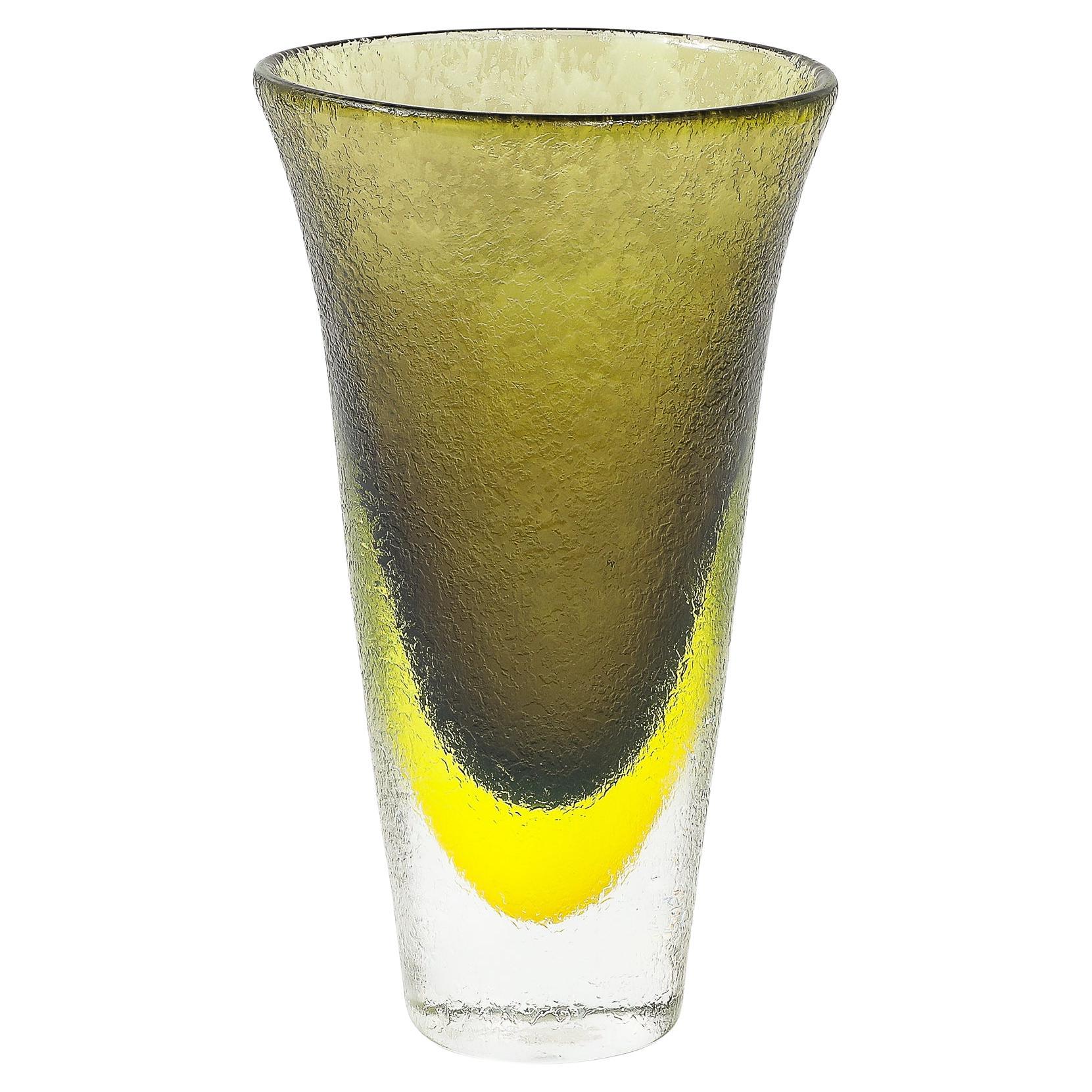 Mid-Century Hand-Blown Olive and Lime Green Murano Glass Vase W/ Mottled Texture