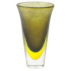 Mid-Century Hand-Blown Olive and Lime Green Murano Glass Vase W/ Mottled Texture