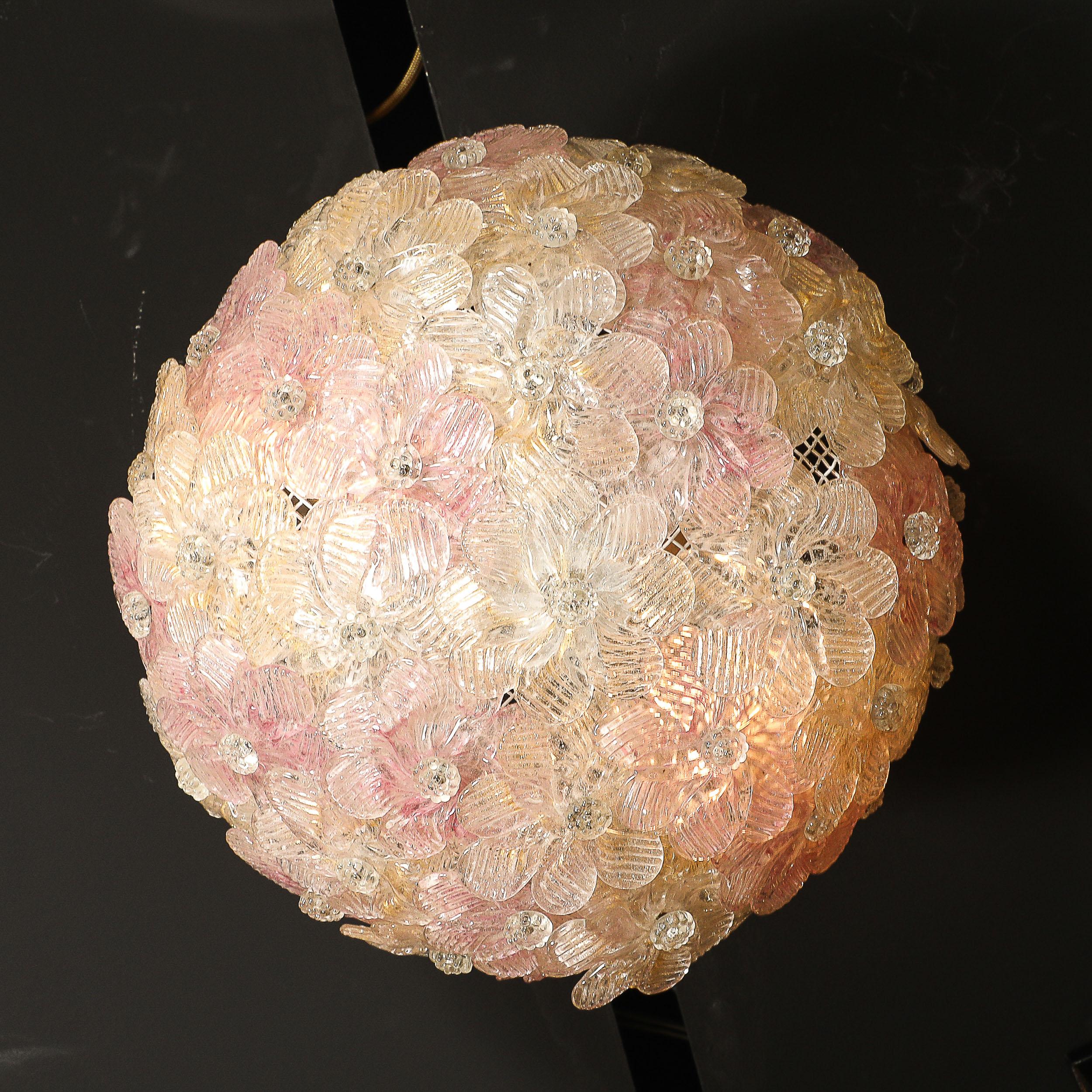 Lámpara Florrets de mediados de siglo, soplada a mano, de cristal de Murano rosa, de Barovier & Toso Latón en venta