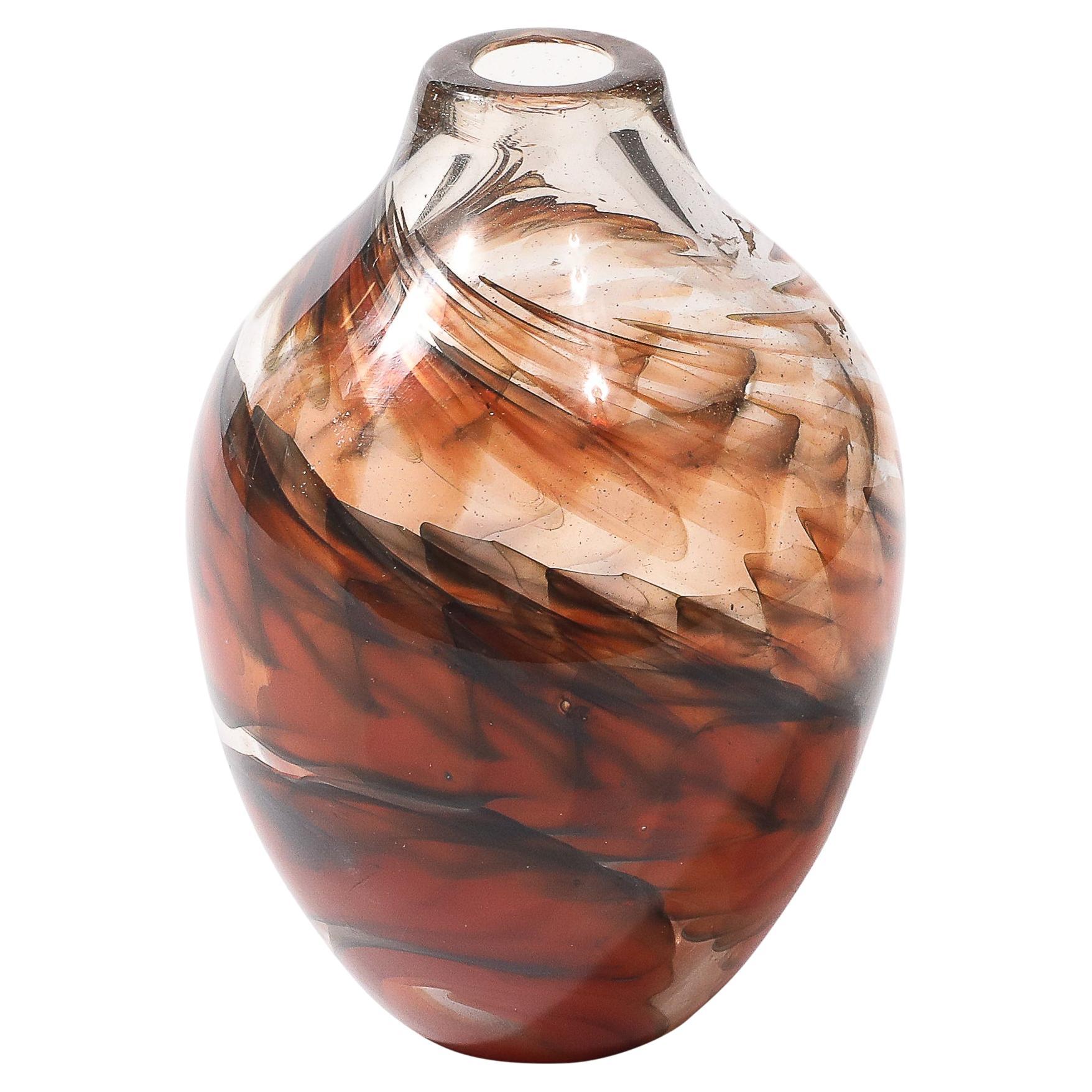 Mid-Century Hand-Blown Signed Glass Vase W/ Spiral Smoked & Flame Orange Details