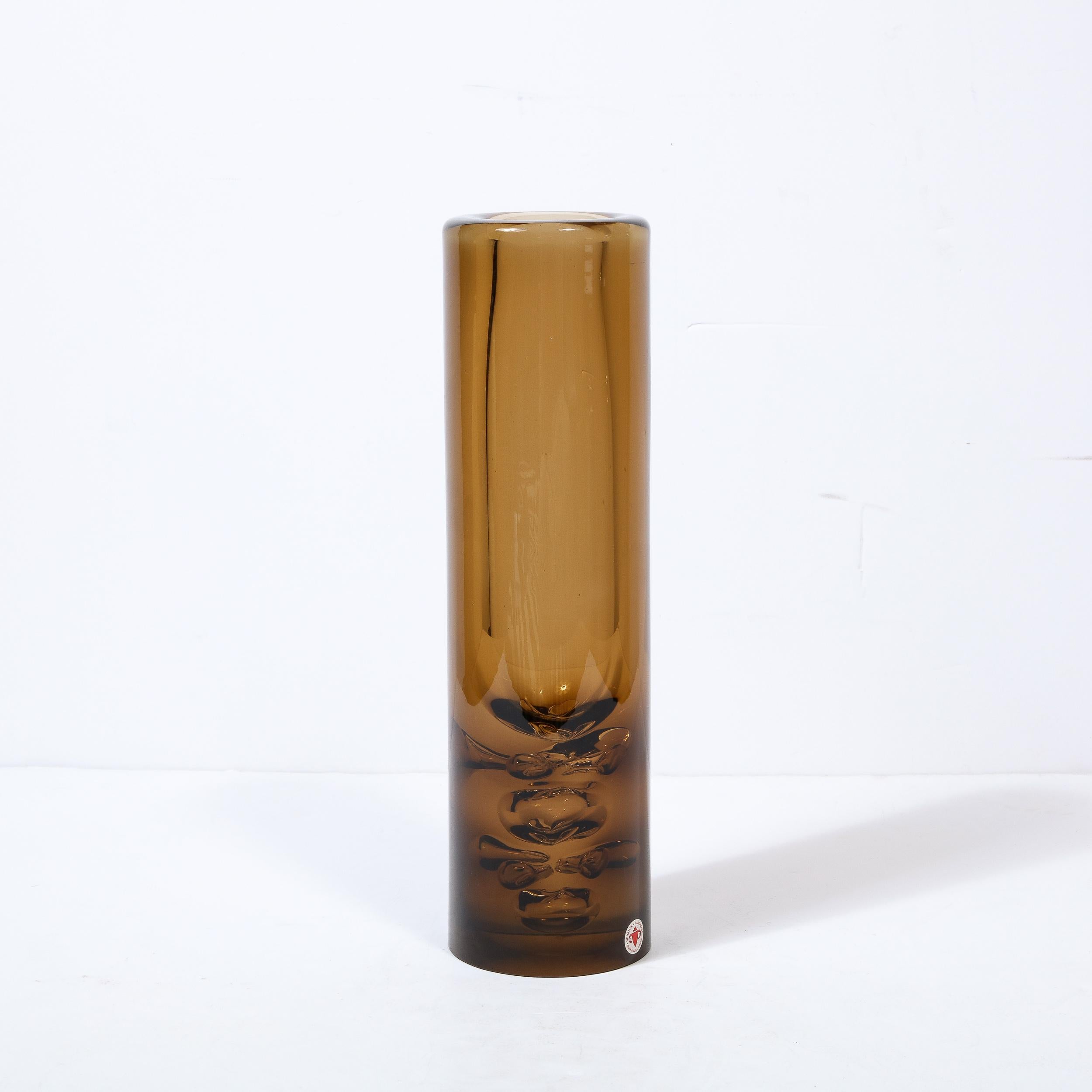 Mid Century Hand-Blown Smoked Amber Glass Vase with Murine Detailing by Baranek In Excellent Condition For Sale In New York, NY