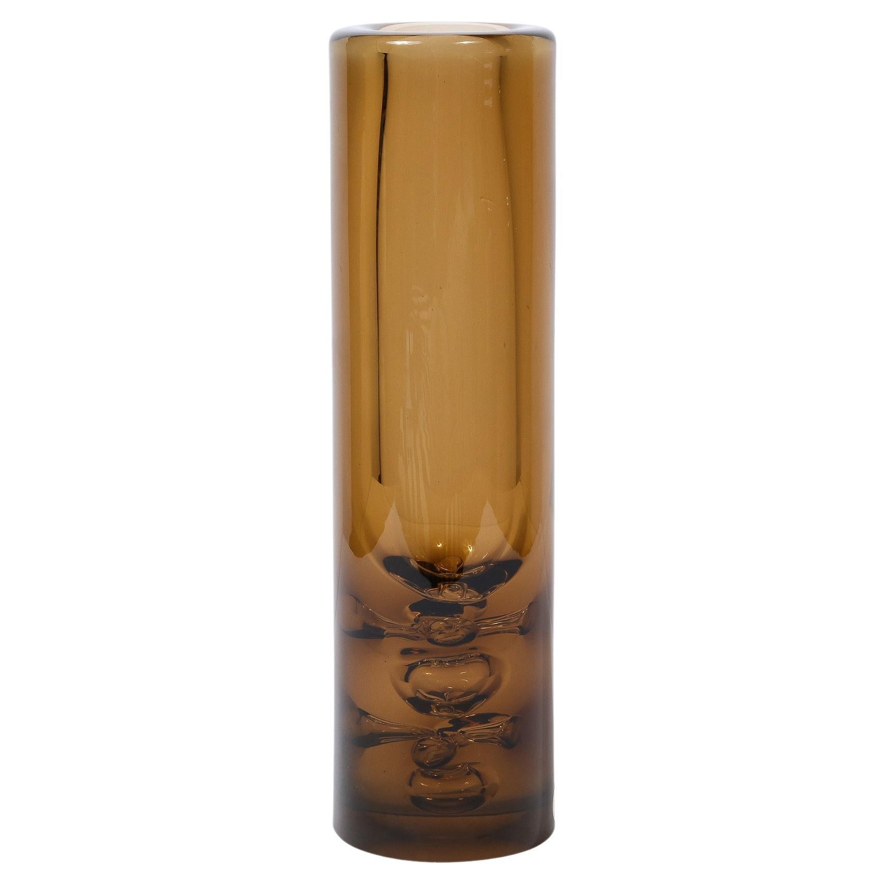 Mid Century Hand-Blown Smoked Amber Glass Vase with Murine Detailing by Baranek