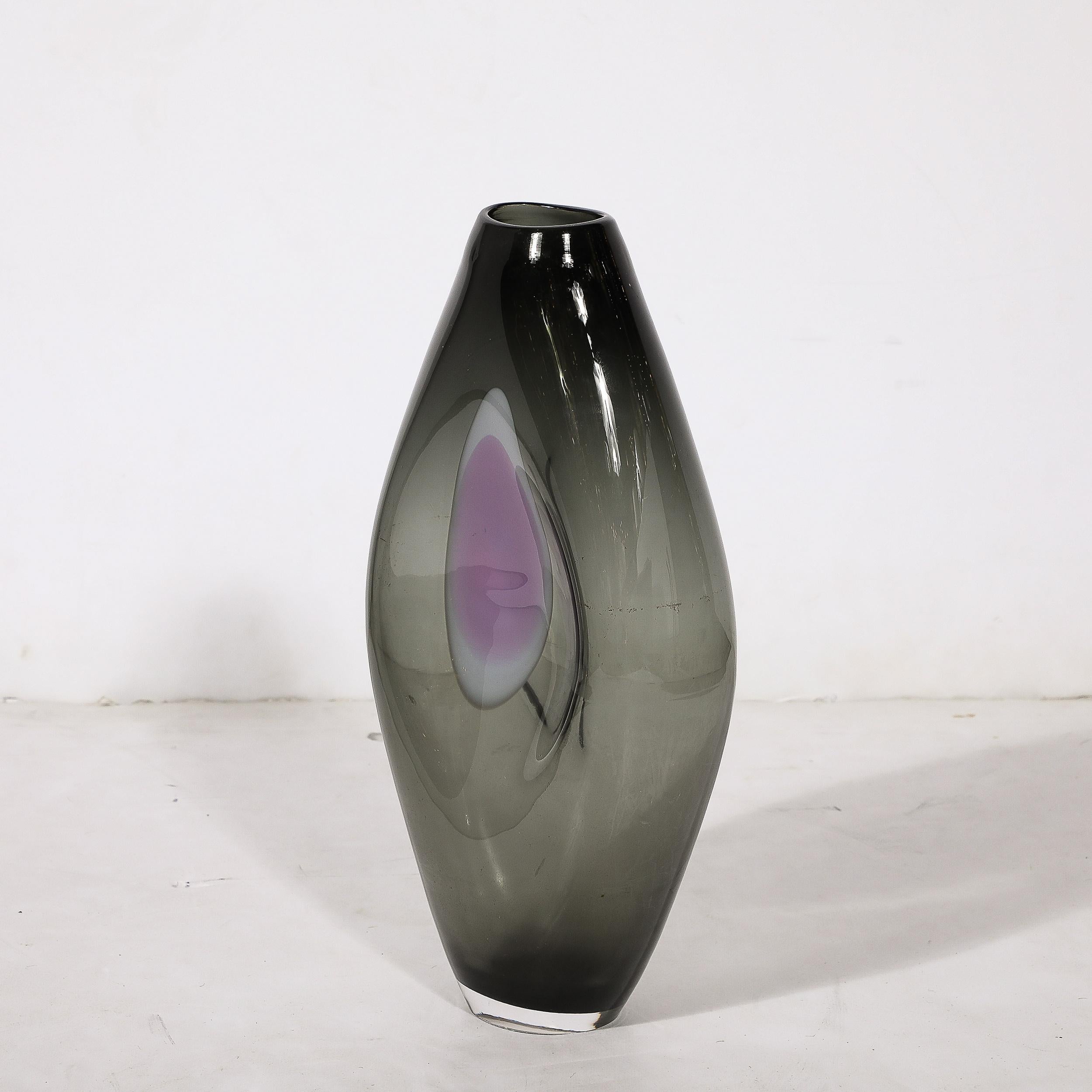 Mid-Century Modern Mid-Century Hand-Blown Smoked Glass White & Amethyst Detailed Vase by Holmegaard For Sale