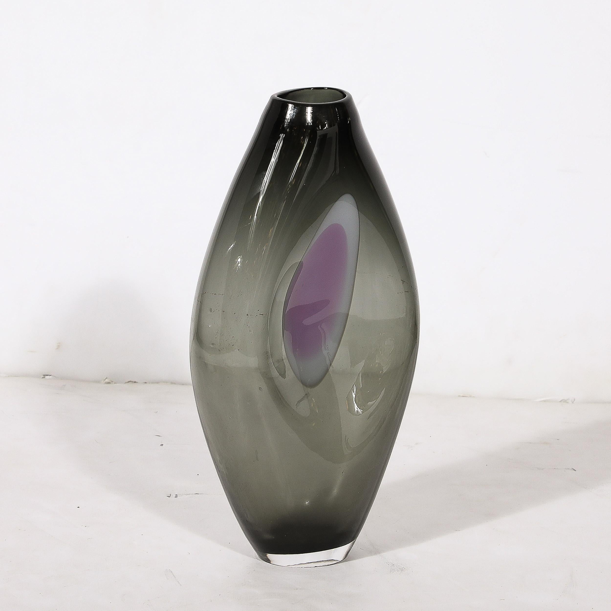 Mid-Century Hand-Blown Smoked Glass White & Amethyst Detailed Vase by Holmegaard For Sale 1