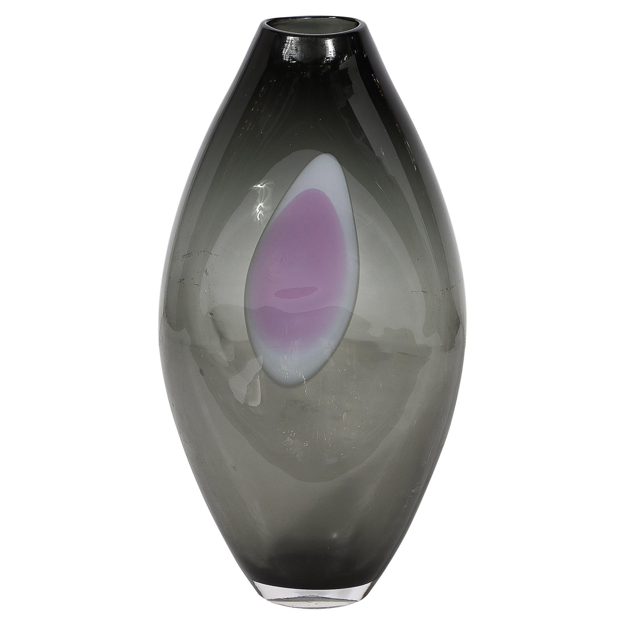 Mid-Century Hand-Blown Smoked Glass White & Amethyst Detailed Vase by Holmegaard For Sale