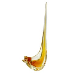 Mid Century Hand Blown Sommerso Murano Yellow Art Glass Bird w/ Tall Feather