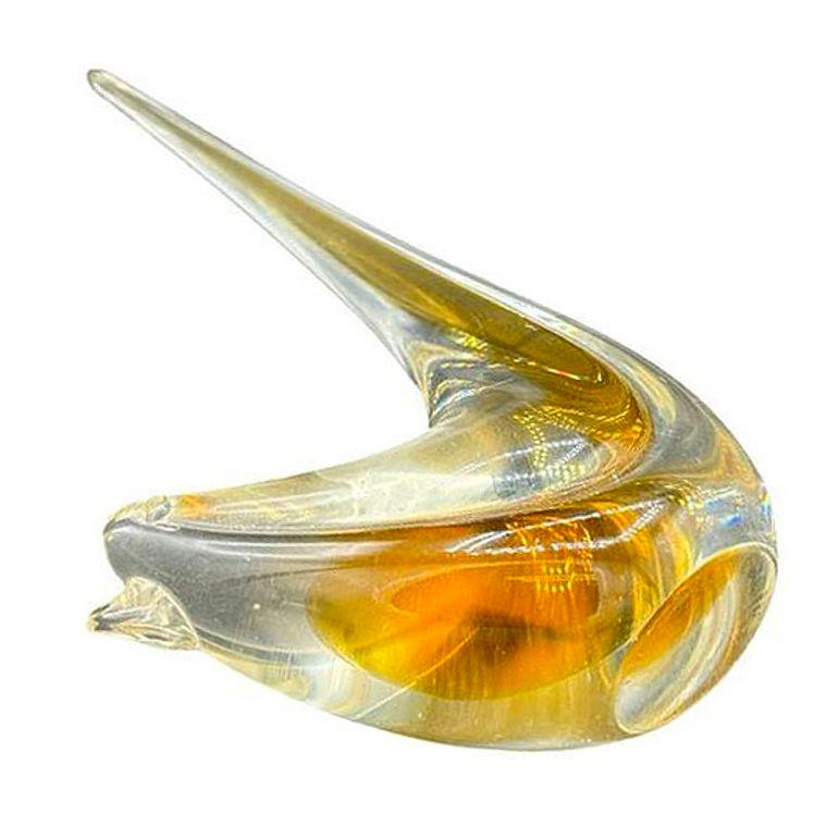 Italian Mid Century Hand Blown Sommerso Murano Yellow Art Glass Bird w/ Tall Feather For Sale