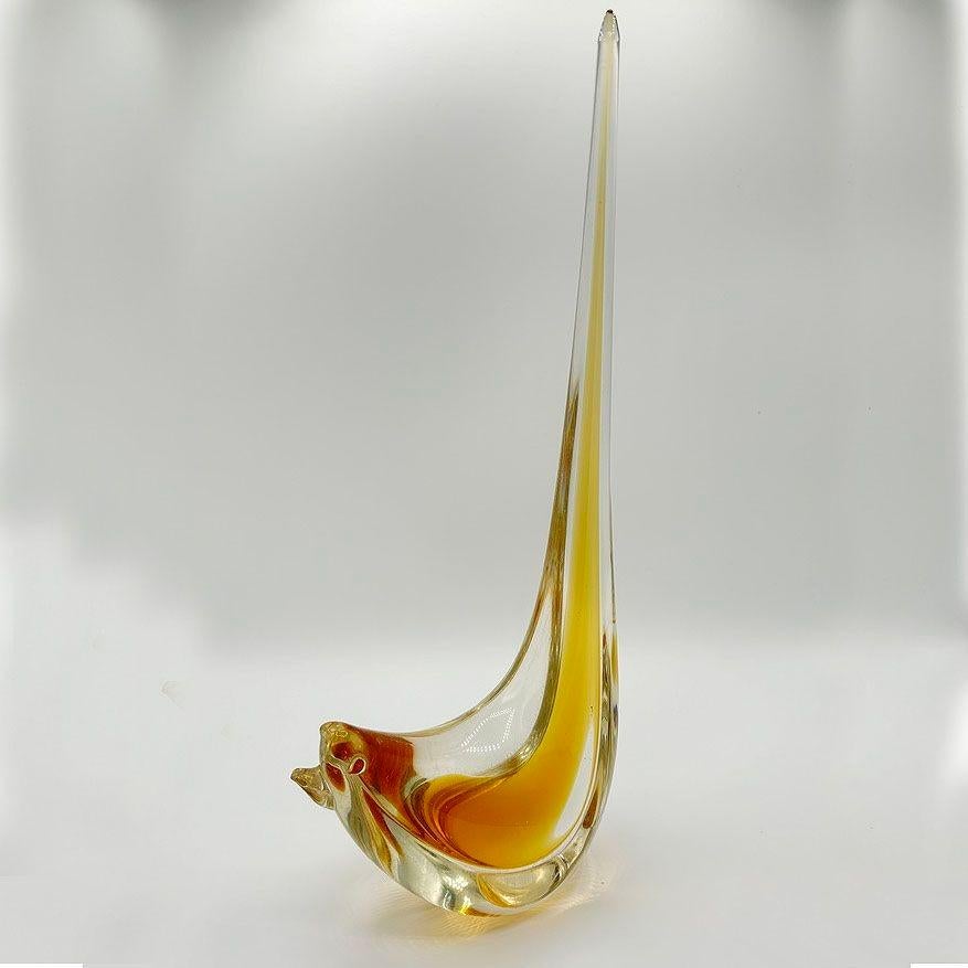 Mid Century Hand Blown Sommerso Murano Yellow Art Glass Bird w/ Tall Feather For Sale 1