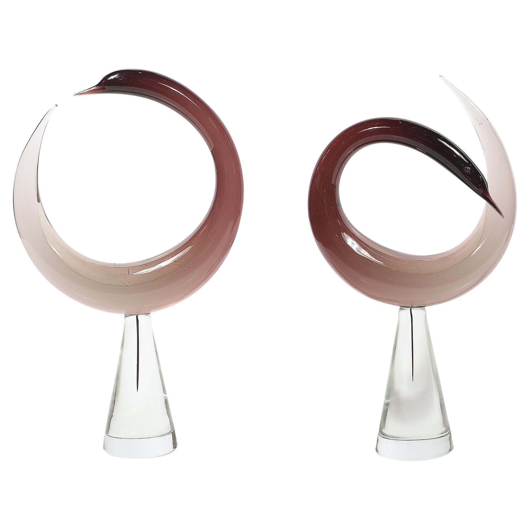 Mid-Century Hand-Blown Spiraled Murano Glass Bird Sculptures signed Salviati For Sale
