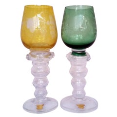 Mid-century Hand-blown Swedish Green & Yellow Wine Goblets by Gullaskruf, Pair