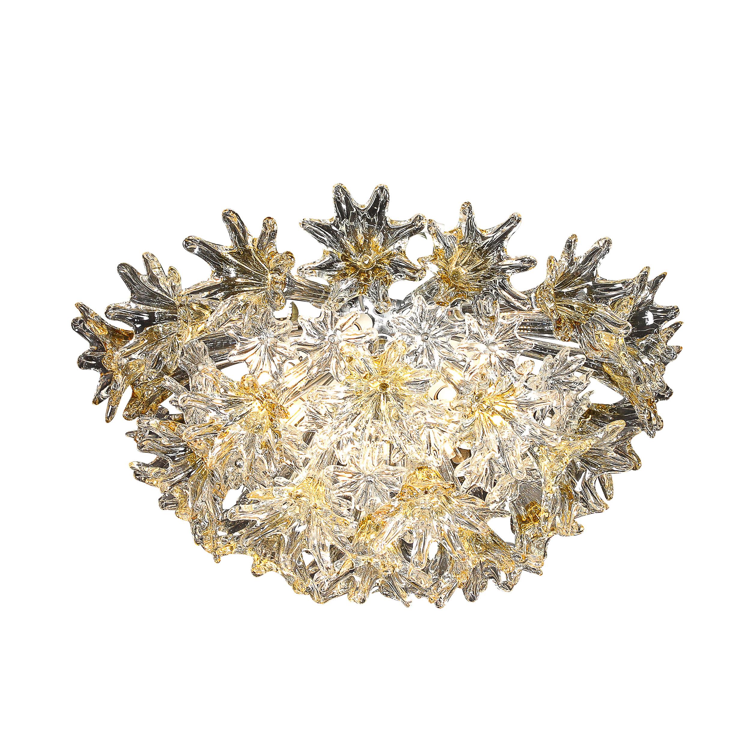 Mid-Century Modern Mid Century Hand-blown Translucent & Amber Murano Floral Flush Mount by Venini