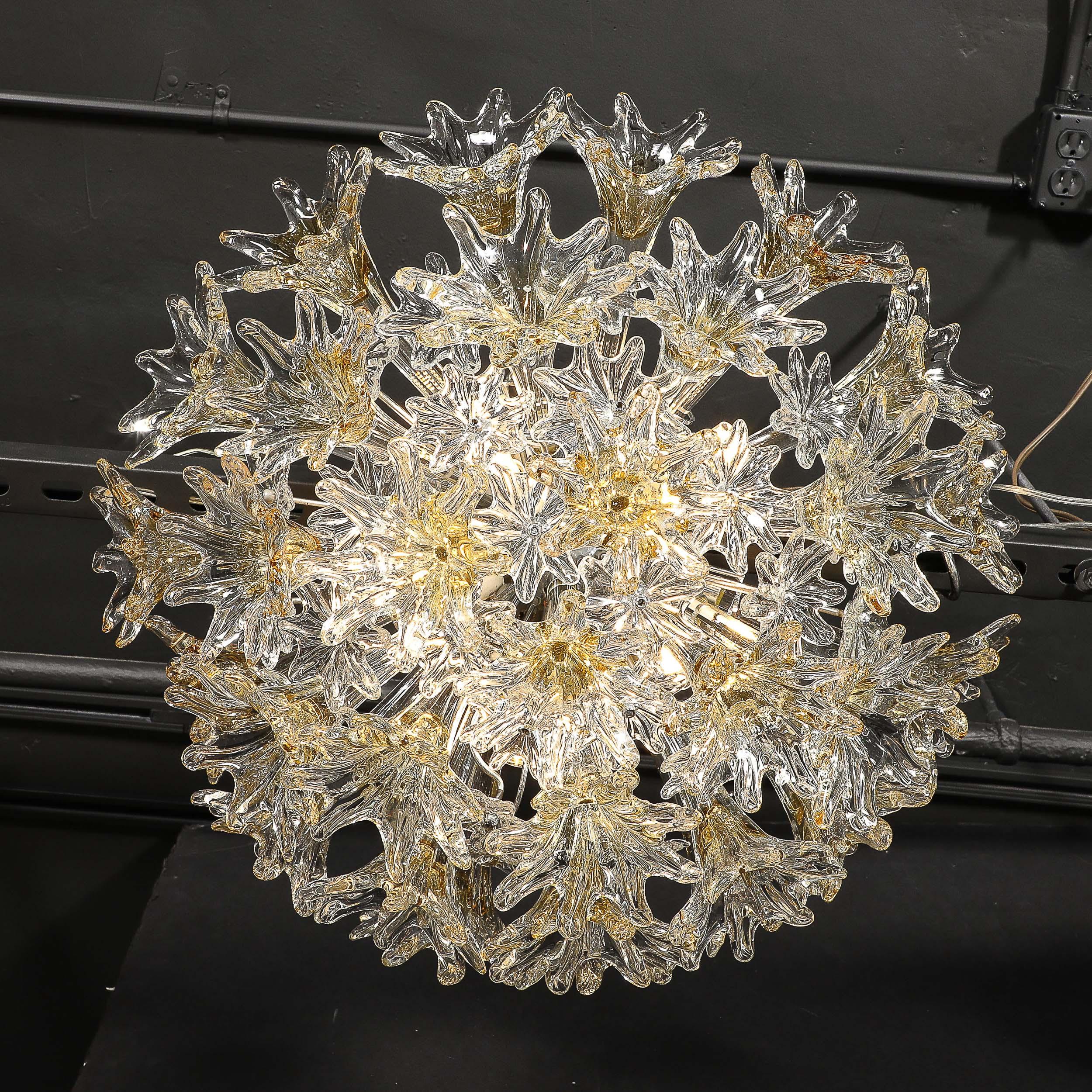 Italian Mid Century Hand-blown Translucent & Amber Murano Floral Flush Mount by Venini