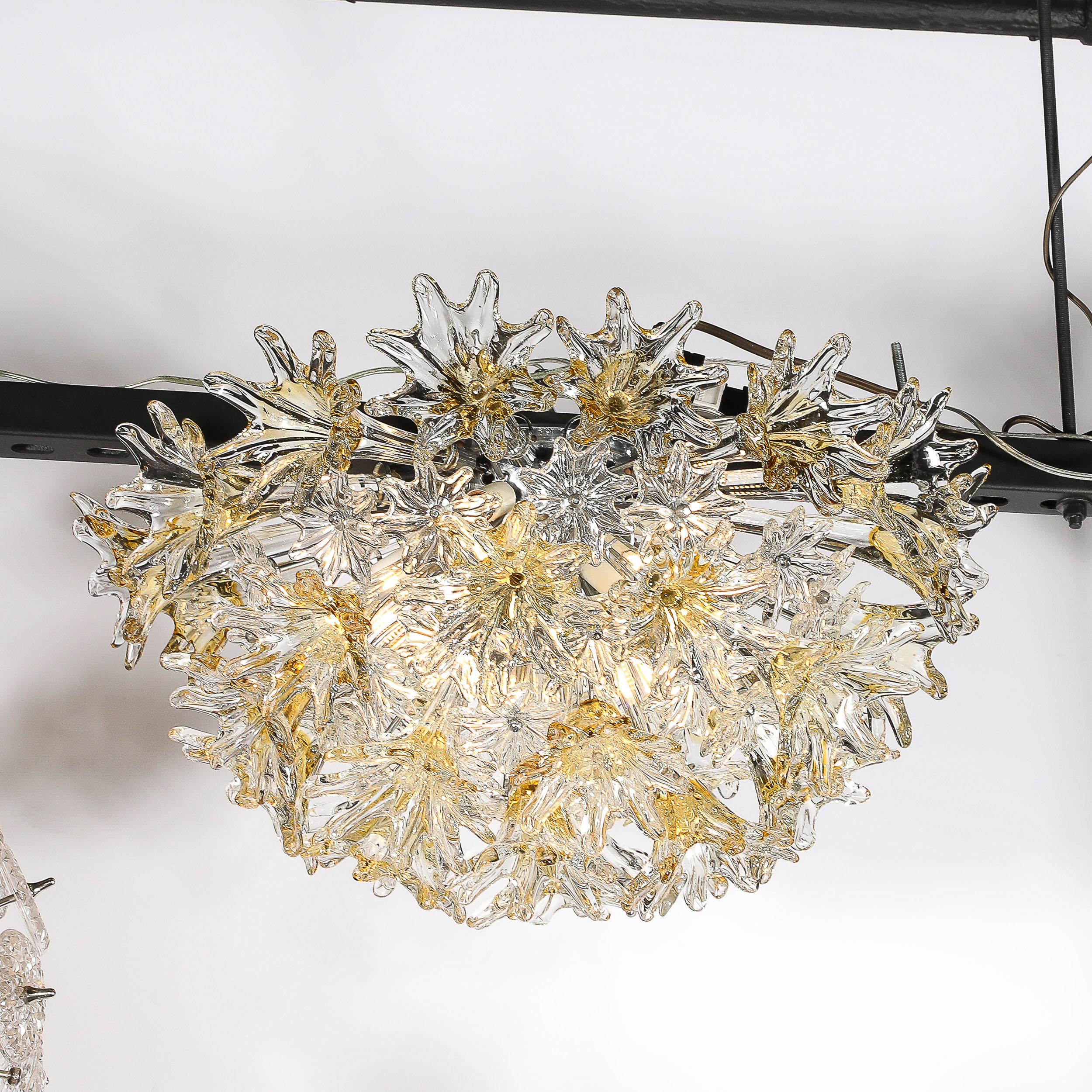 Mid Century Hand-blown Translucent & Amber Murano Floral Flush Mount by Venini In Excellent Condition In New York, NY
