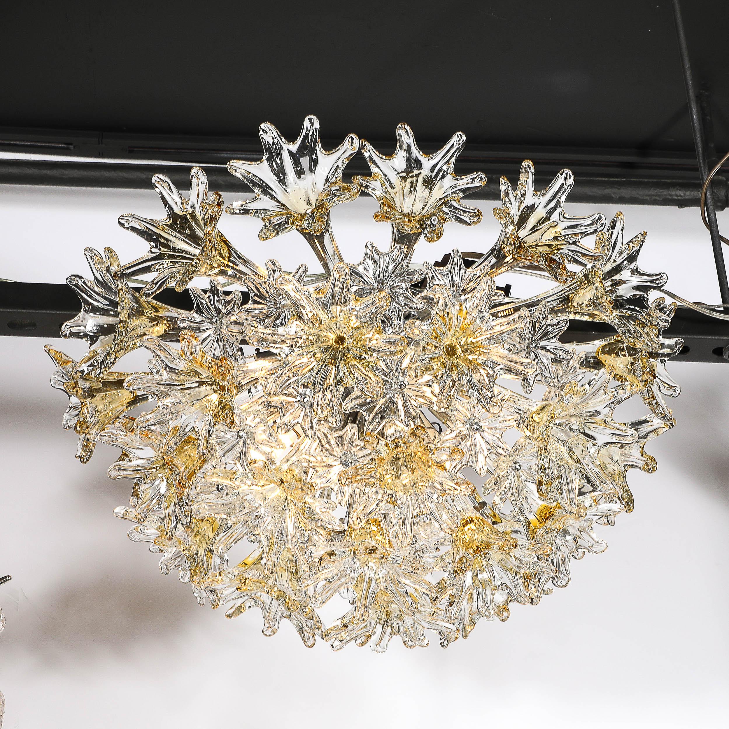 Murano Glass Mid Century Hand-blown Translucent & Amber Murano Floral Flush Mount by Venini