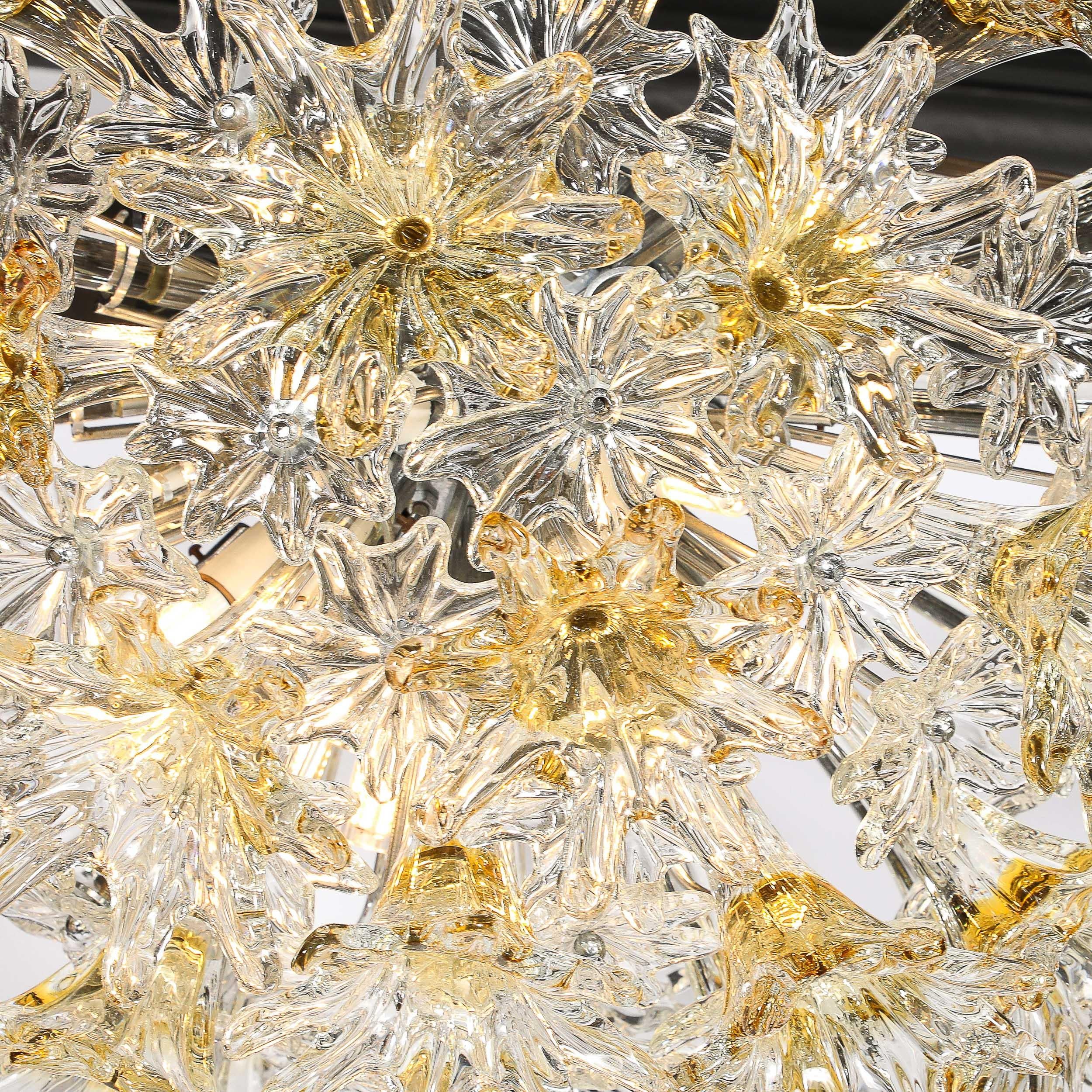 Mid Century Hand-blown Translucent & Amber Murano Floral Flush Mount by Venini 1