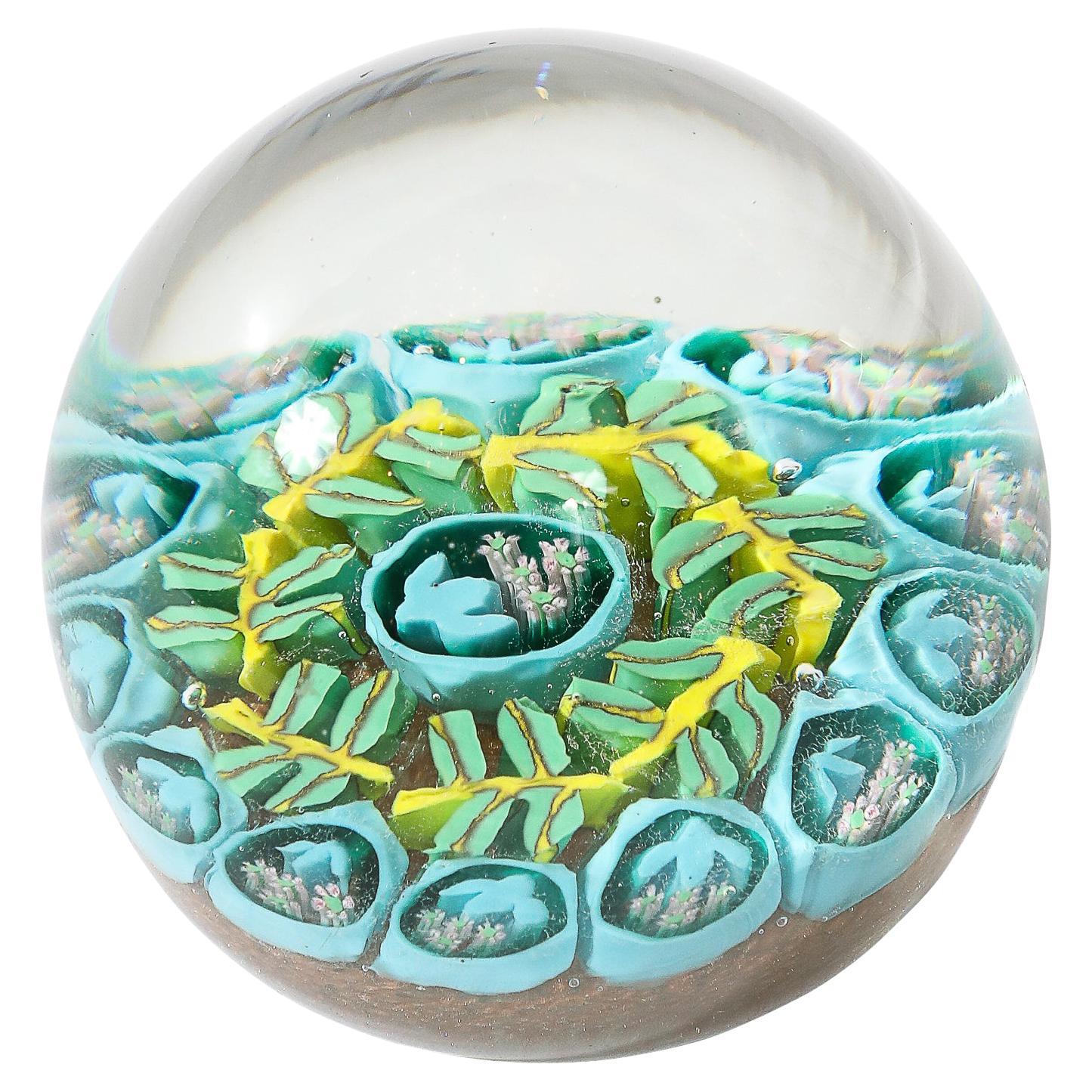Mid-Century Hand-Blown Turquoise & Yellow Murano Glass Millefiori Paperweight