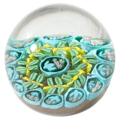 Mid-Century Hand-Blown Turquoise & Yellow Murano Glass Millefiori Paperweight