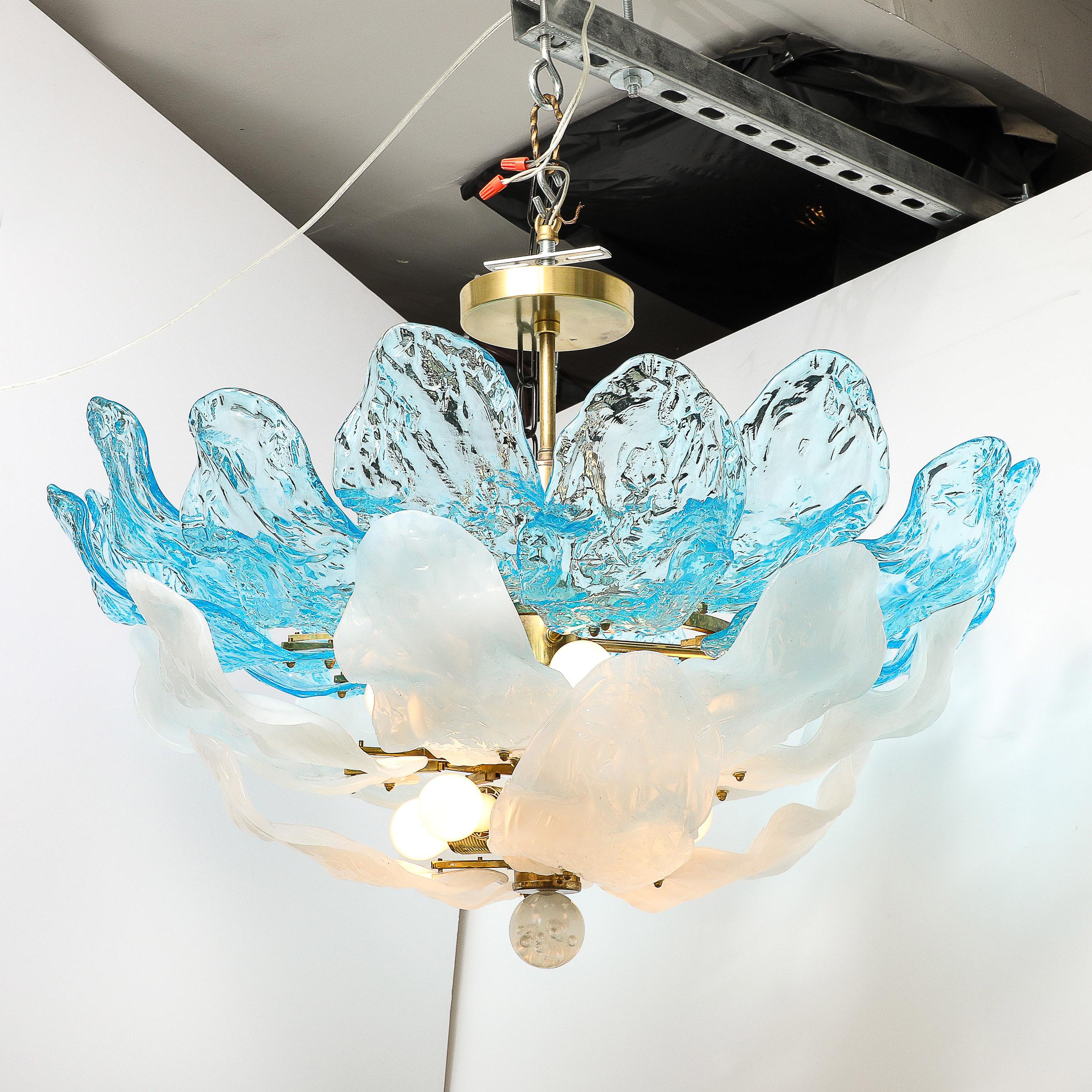 Mid-Century Hand-Blown Two-Tier Blue & White Murano Glass Petal Chandelier For Sale 3