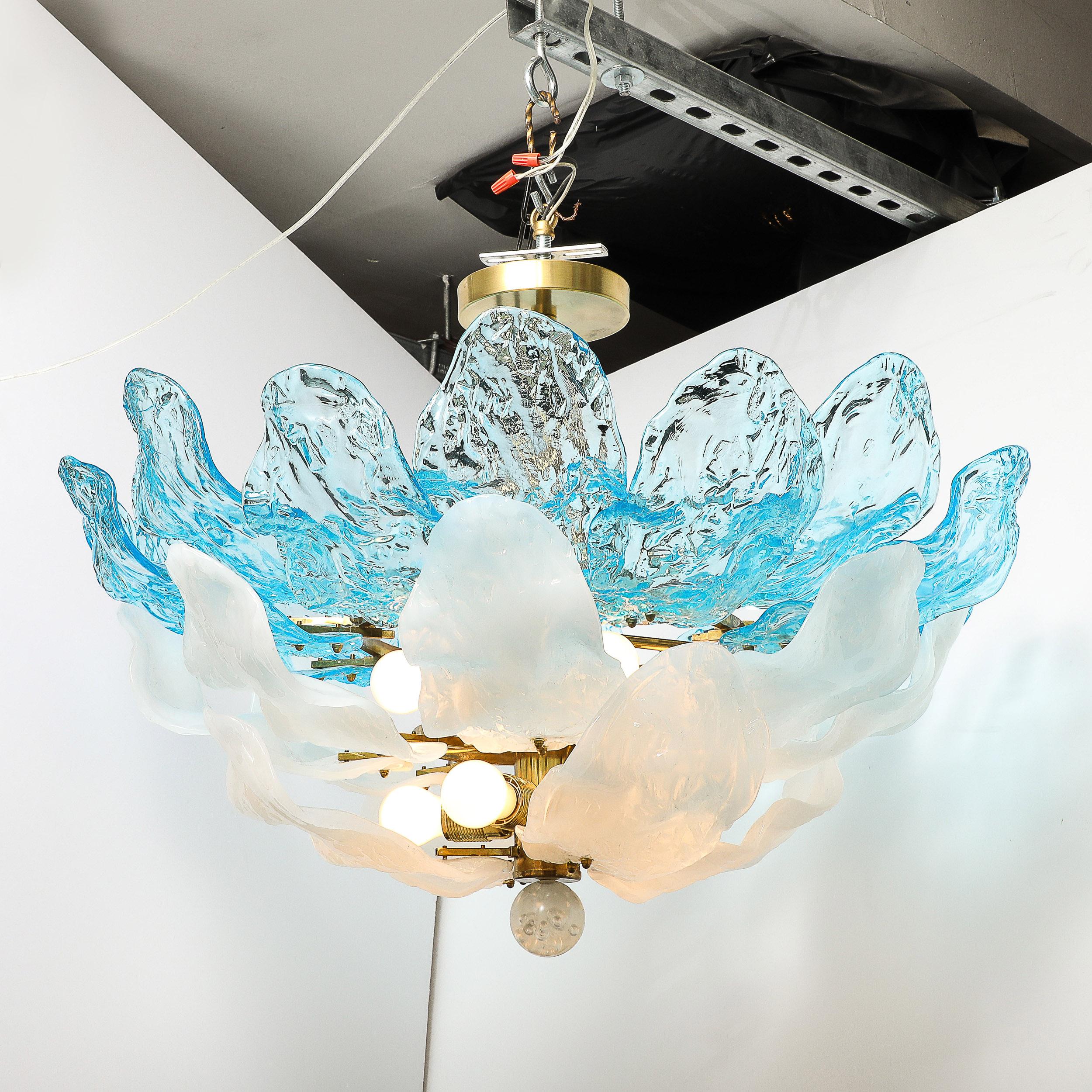 Mid-Century Hand-Blown Two-Tier Blue & White Murano Glass Petal Chandelier For Sale 4