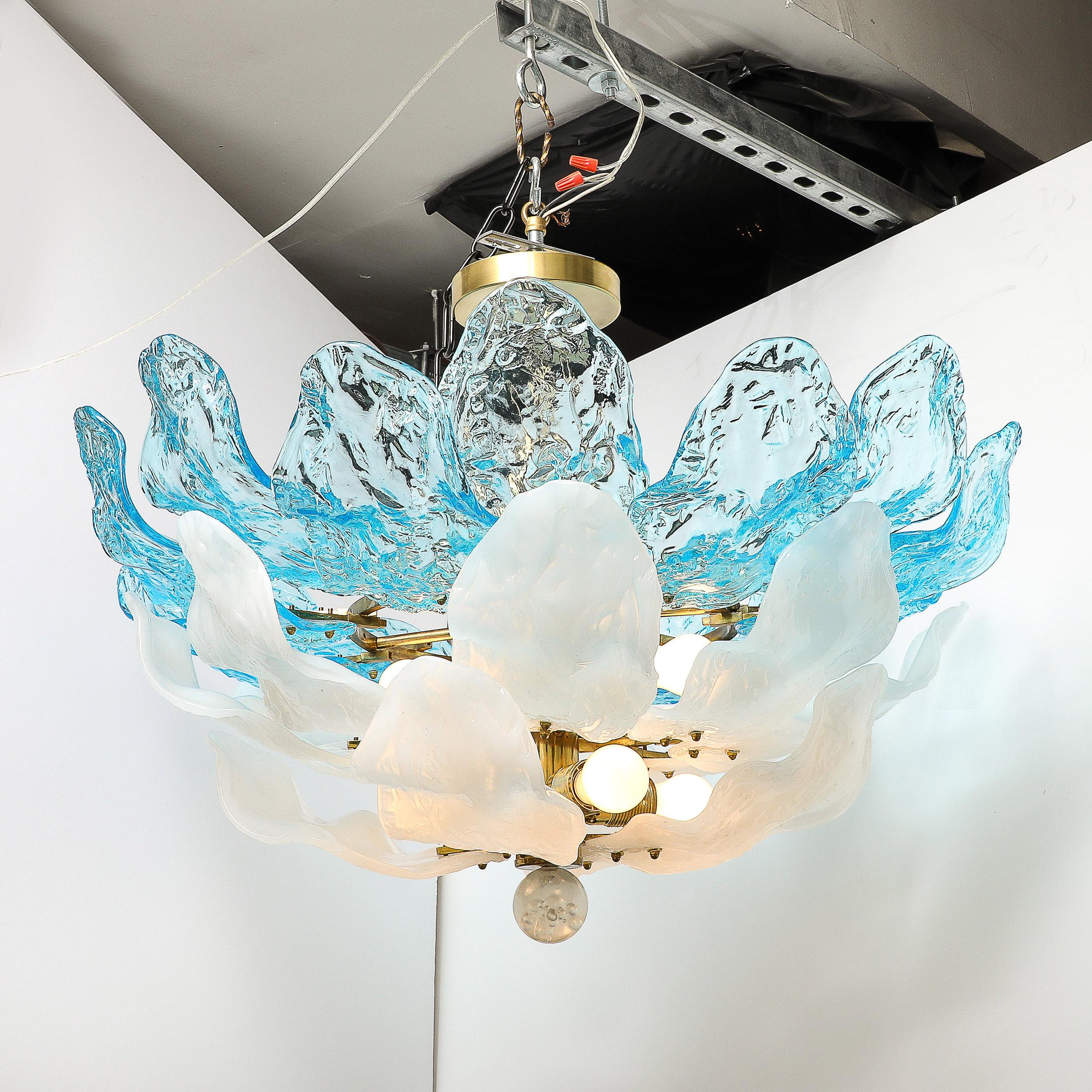 Mid-Century Hand-Blown Two-Tier Blue & White Murano Glass Petal Chandelier For Sale 5