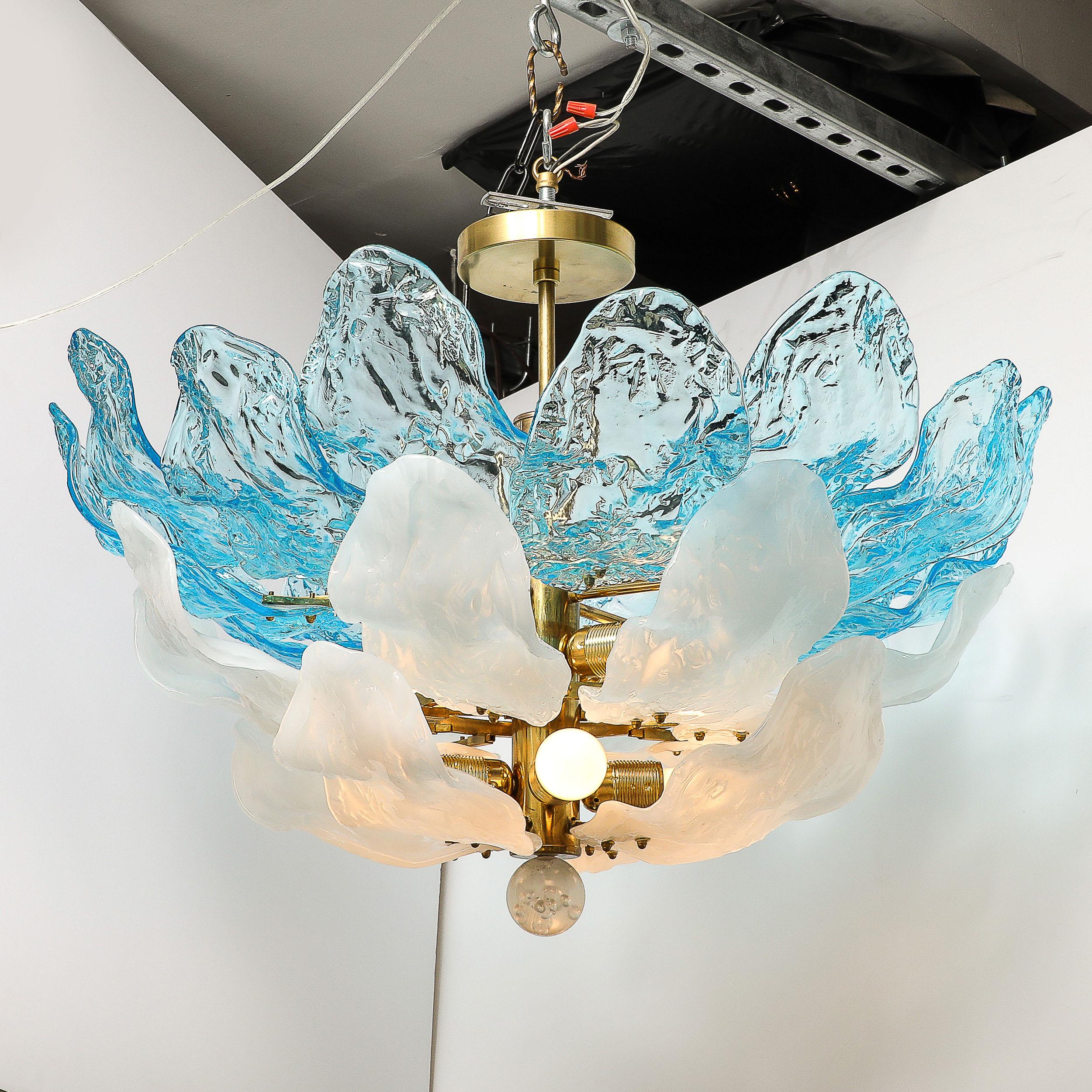 Mid-Century Hand-Blown Two-Tier Blue & White Murano Glass Petal Chandelier For Sale 6