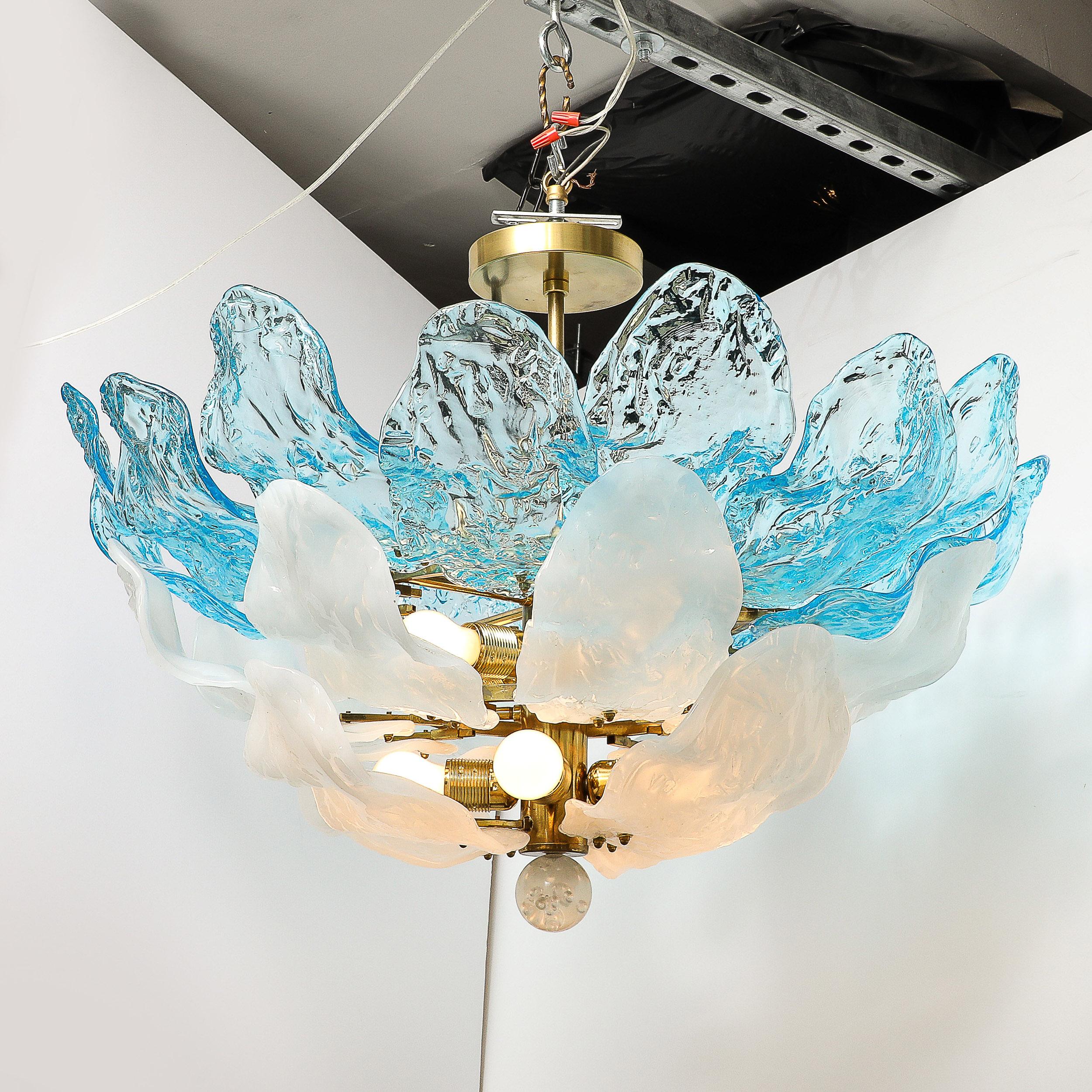 Mid-Century Hand-Blown Two-Tier Blue & White Murano Glass Petal Chandelier For Sale 7