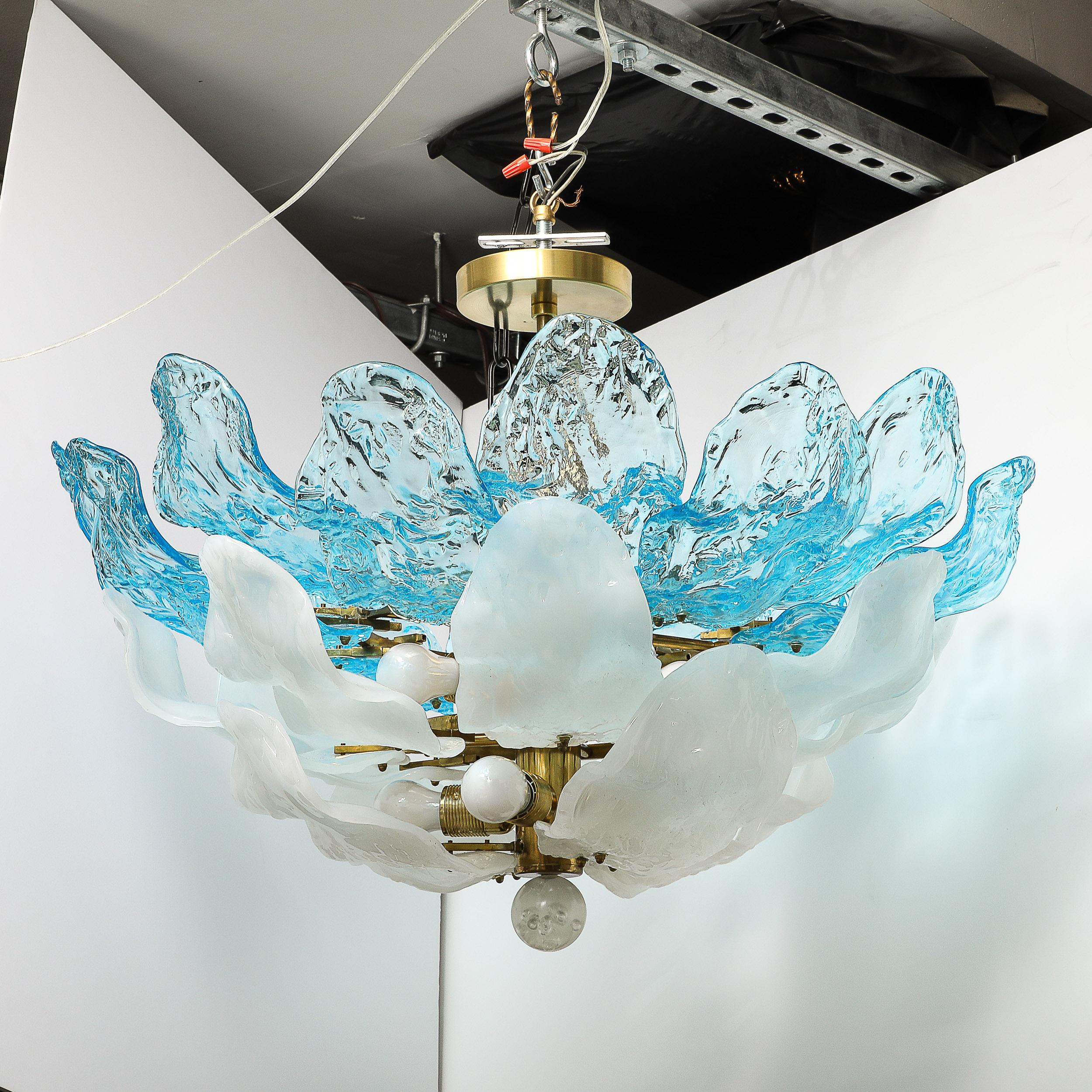 Mid-Century Modern Mid-Century Hand-Blown Two-Tier Blue & White Murano Glass Petal Chandelier For Sale