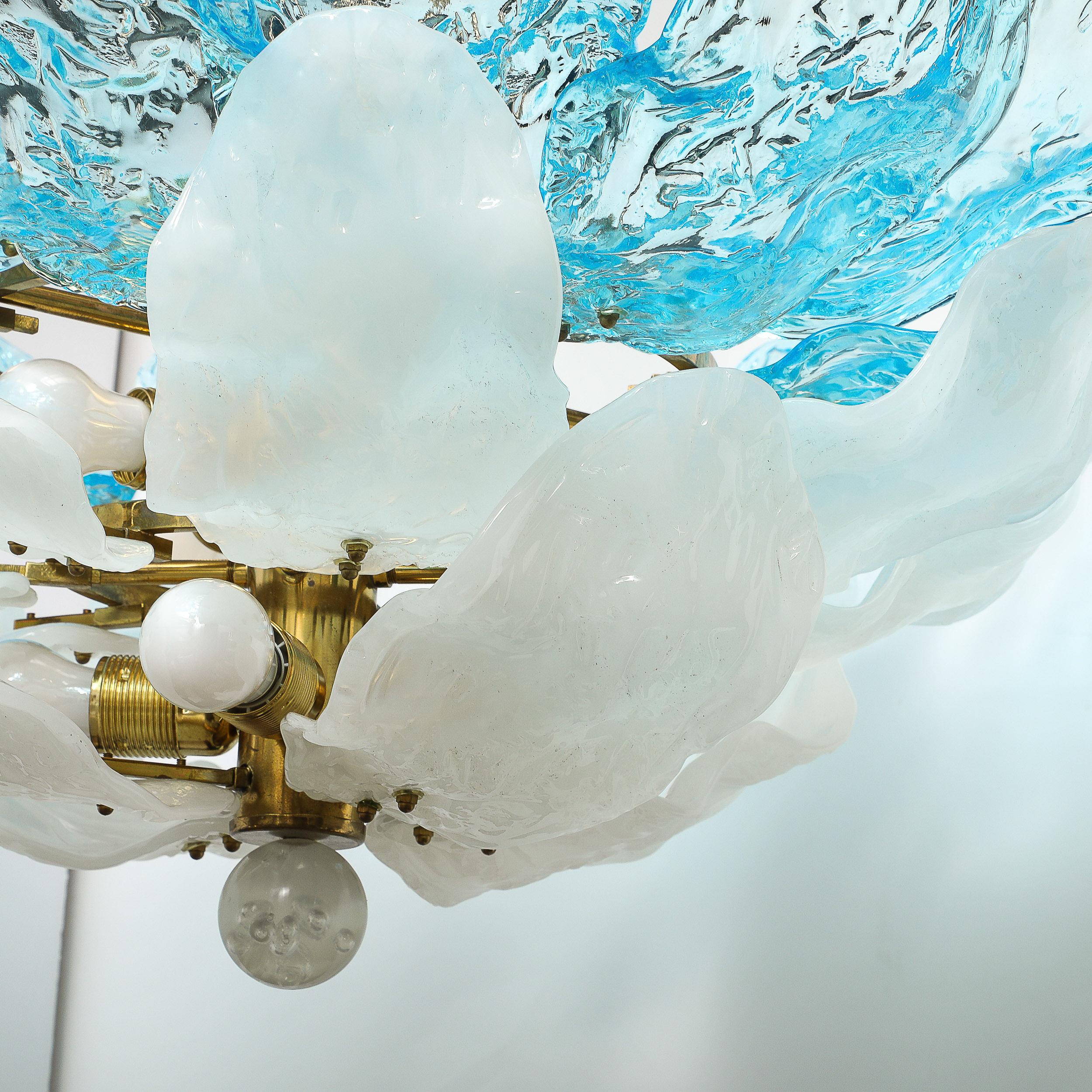 Mid-Century Hand-Blown Two-Tier Blue & White Murano Glass Petal Chandelier In Excellent Condition For Sale In New York, NY