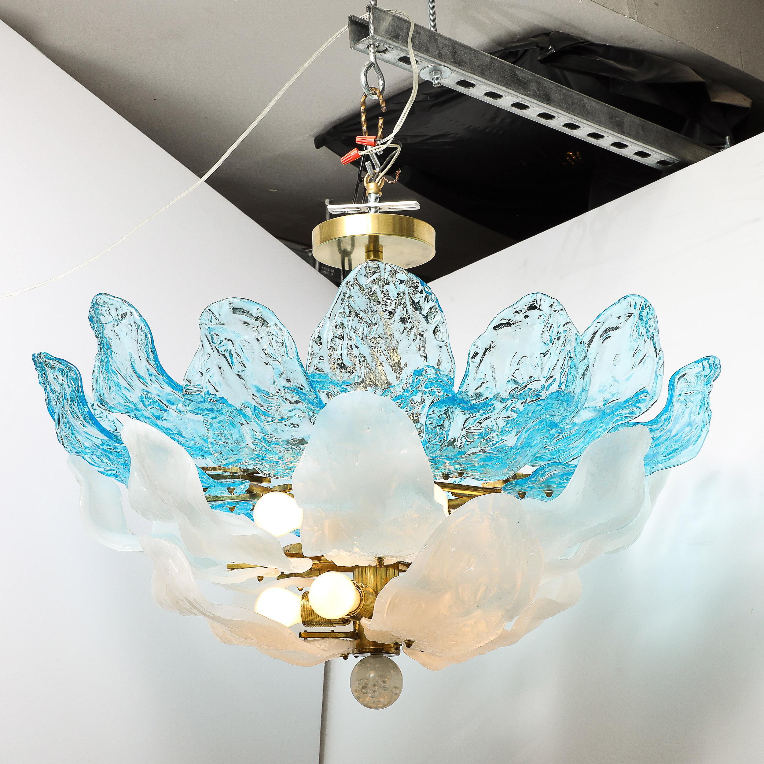 Mid-Century Hand-Blown Two-Tier Blue & White Murano Glass Petal Chandelier For Sale 1