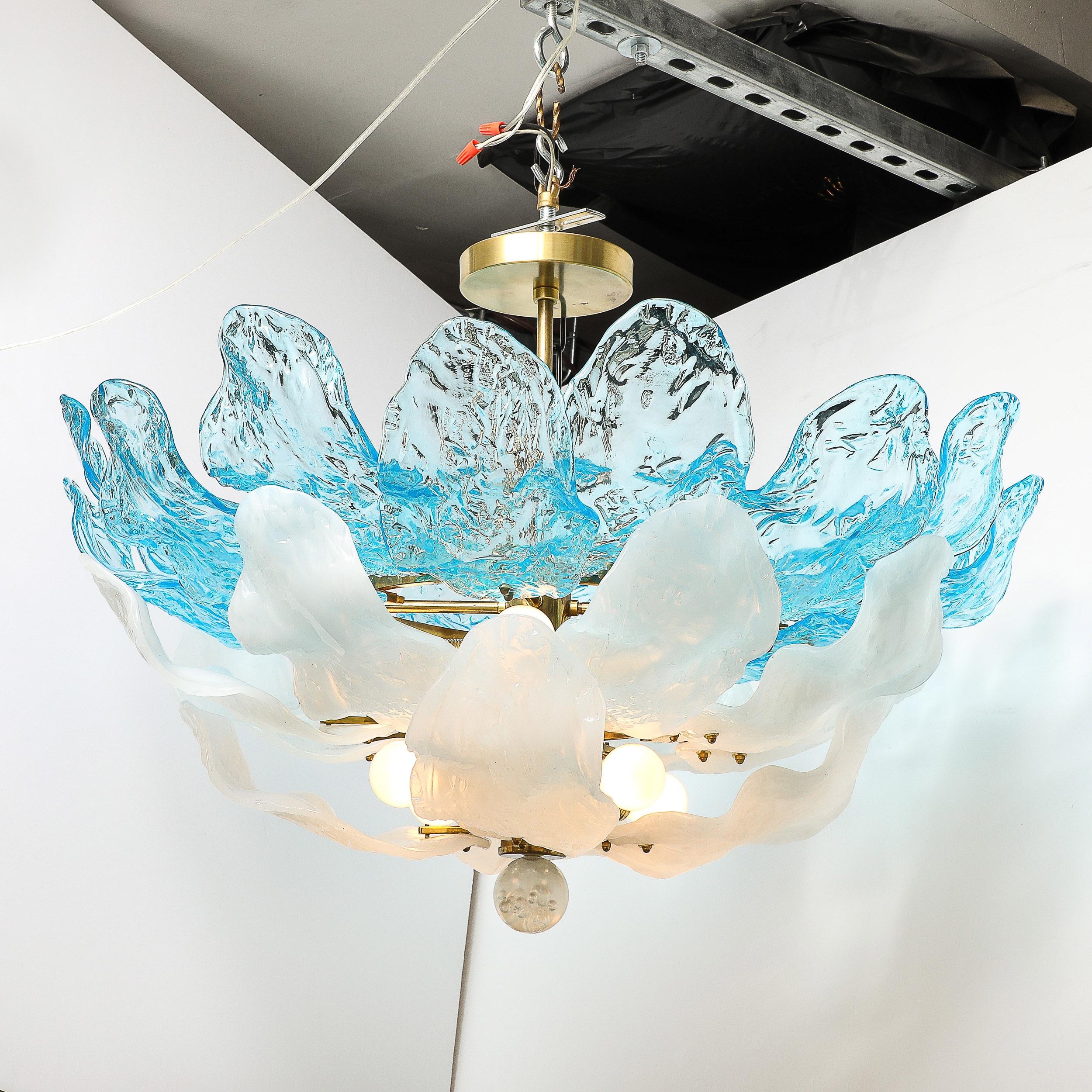 Mid-Century Hand-Blown Two-Tier Blue & White Murano Glass Petal Chandelier For Sale 2
