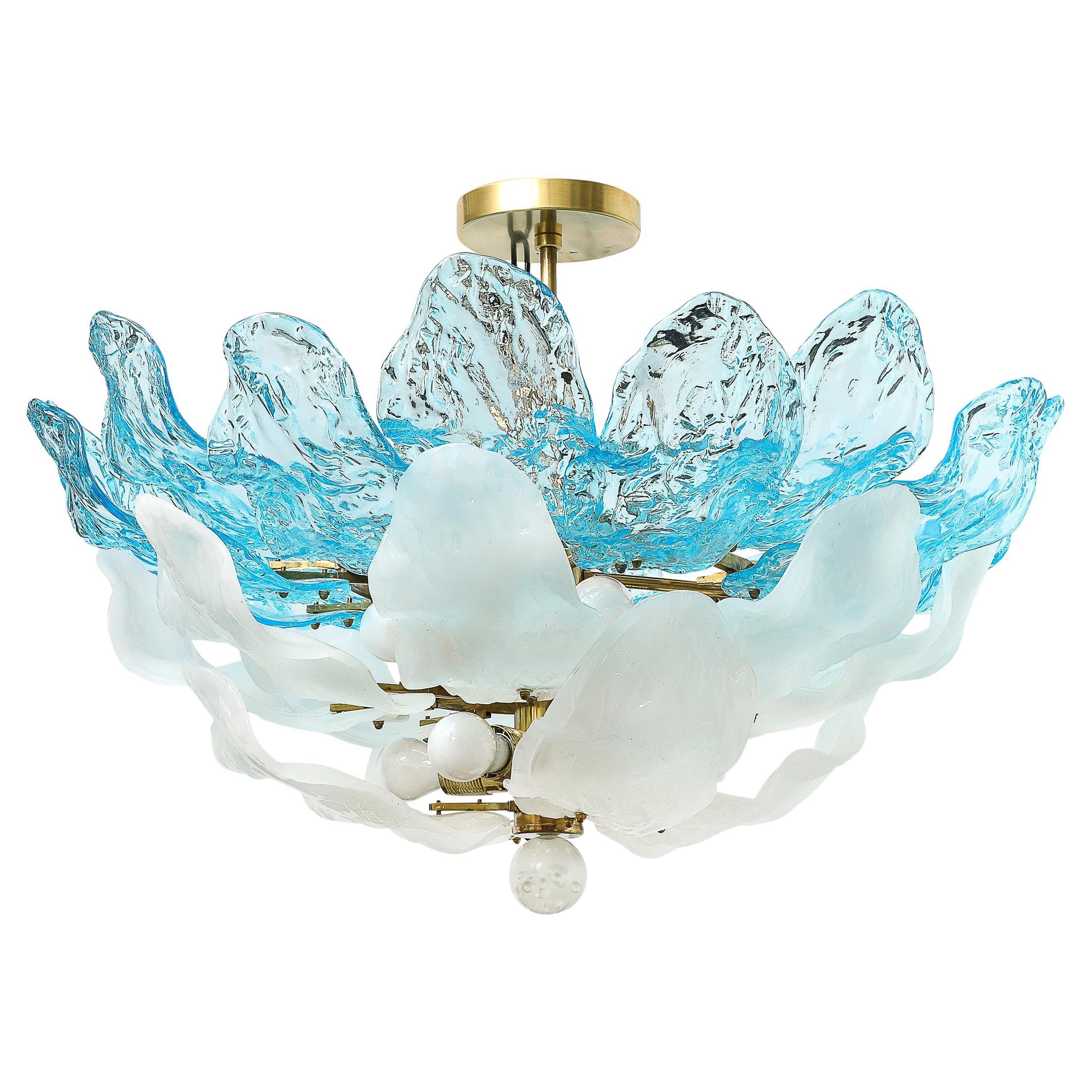 Mid-Century Hand-Blown Two-Tier Blue & White Murano Glass Petal Chandelier For Sale