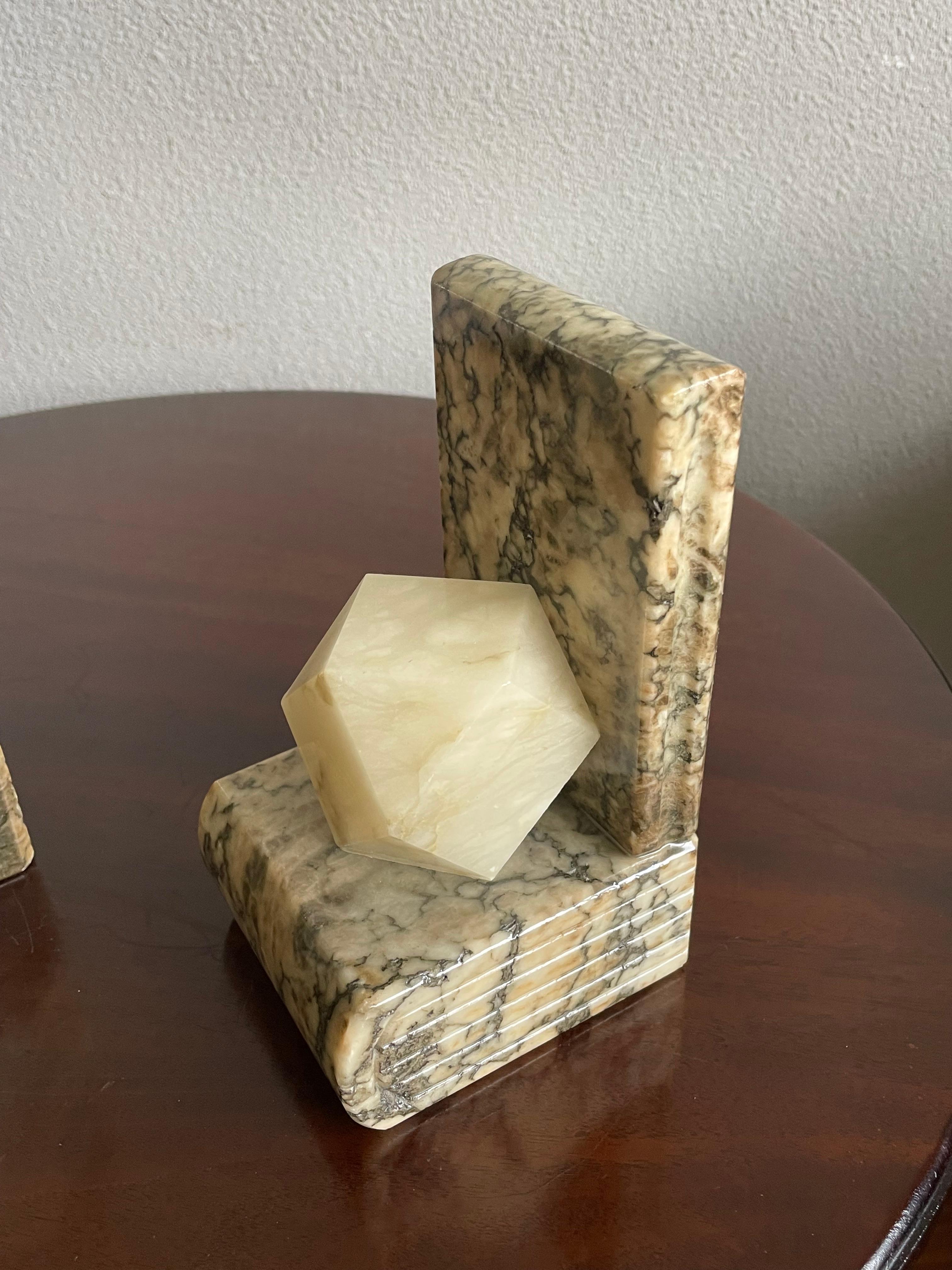 Midcentury Hand Carved Alabaster Bookends w. Science like Geometrical Element For Sale 6