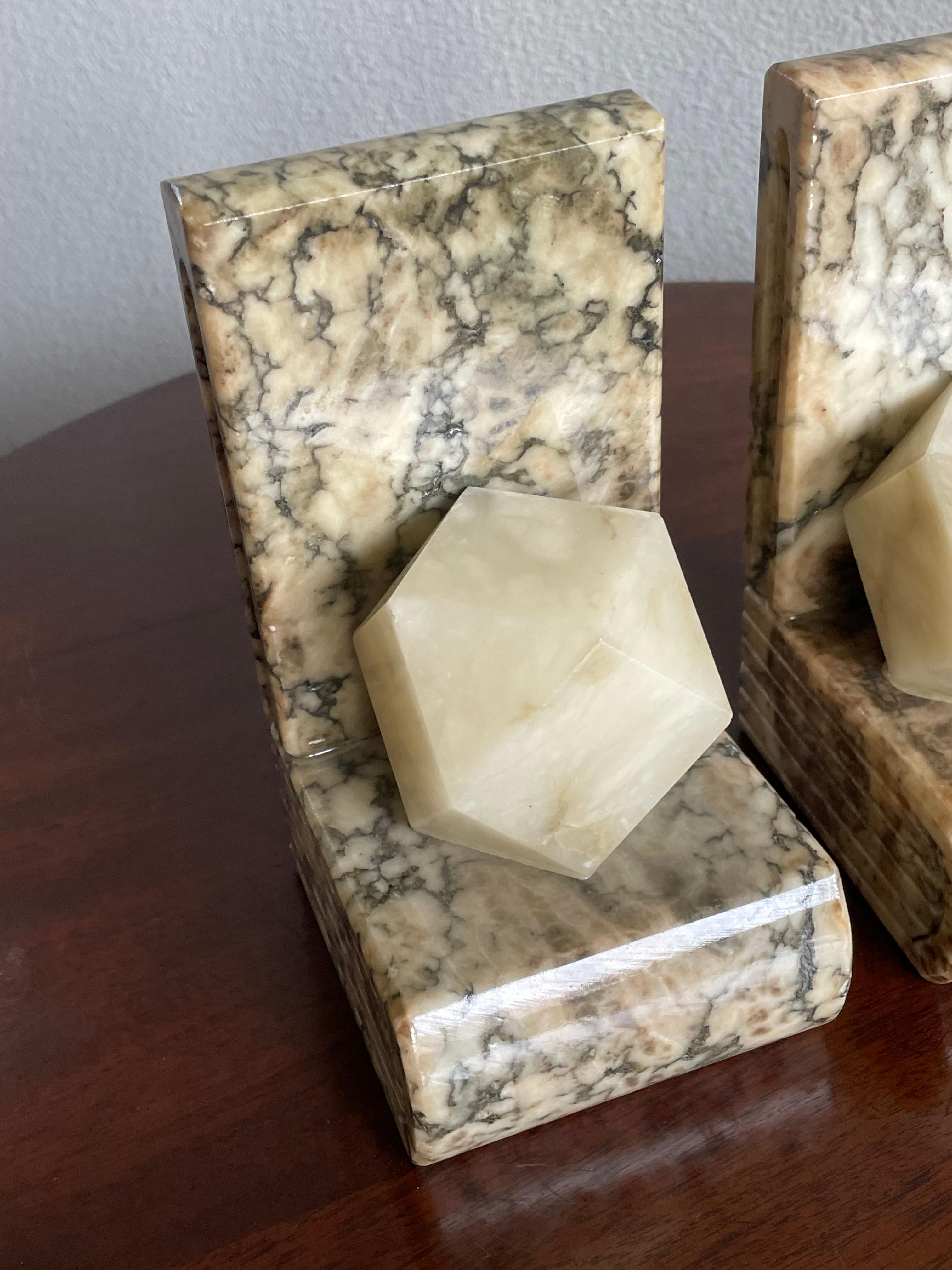 Midcentury Hand Carved Alabaster Bookends w. Science like Geometrical Element For Sale 7