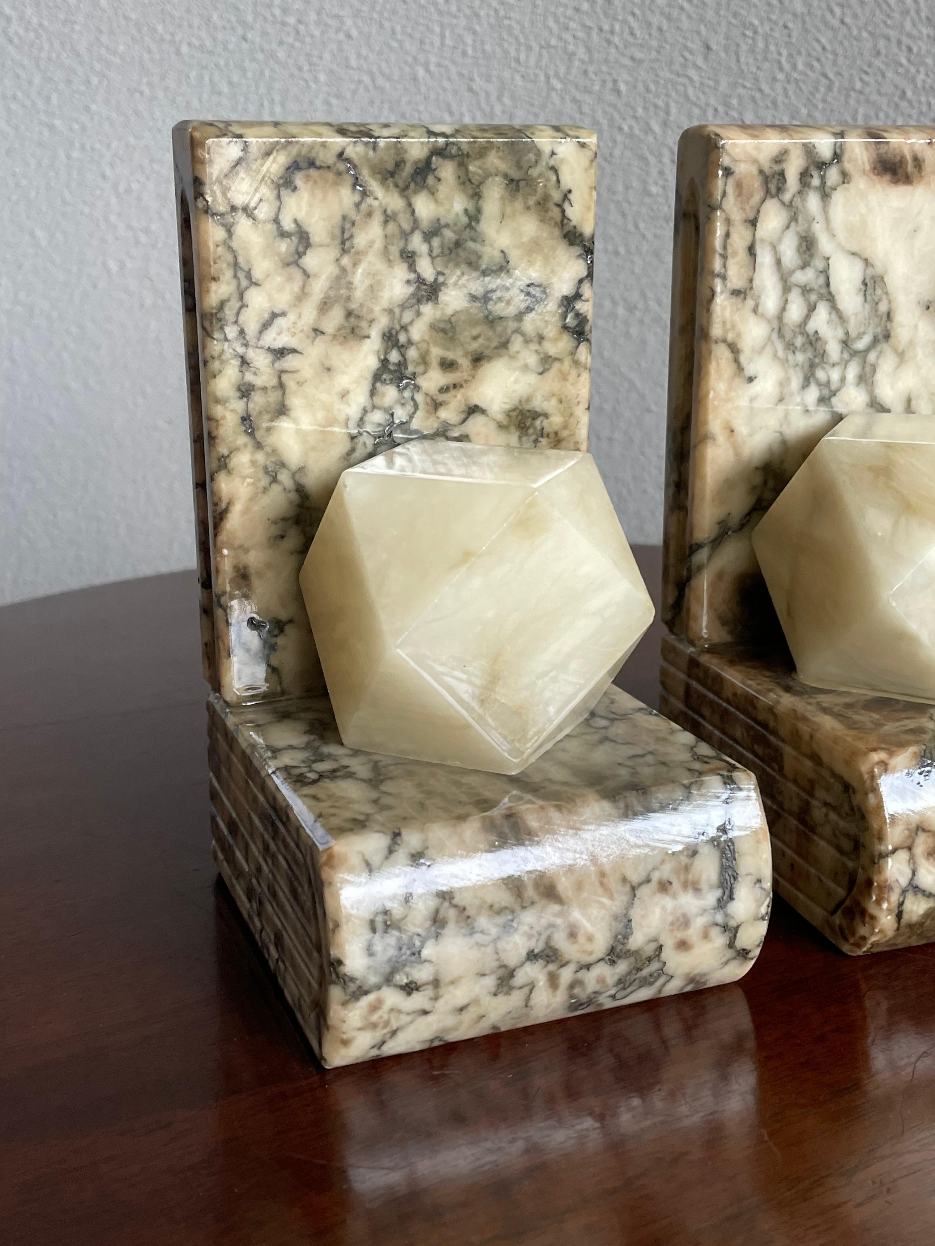 Midcentury Hand Carved Alabaster Bookends w. Science like Geometrical Element For Sale 8