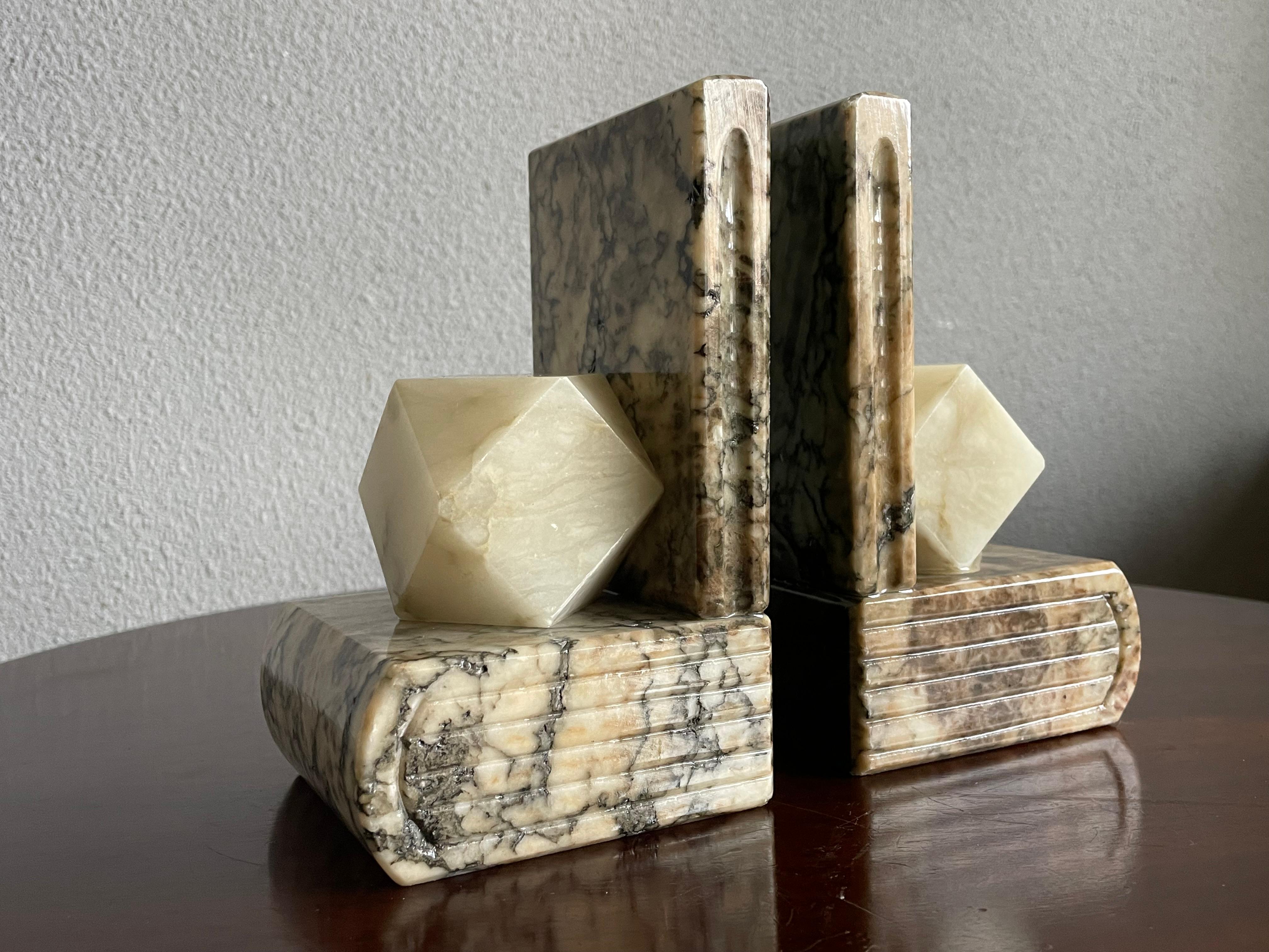 Midcentury Hand Carved Alabaster Bookends w. Science like Geometrical Element For Sale 10
