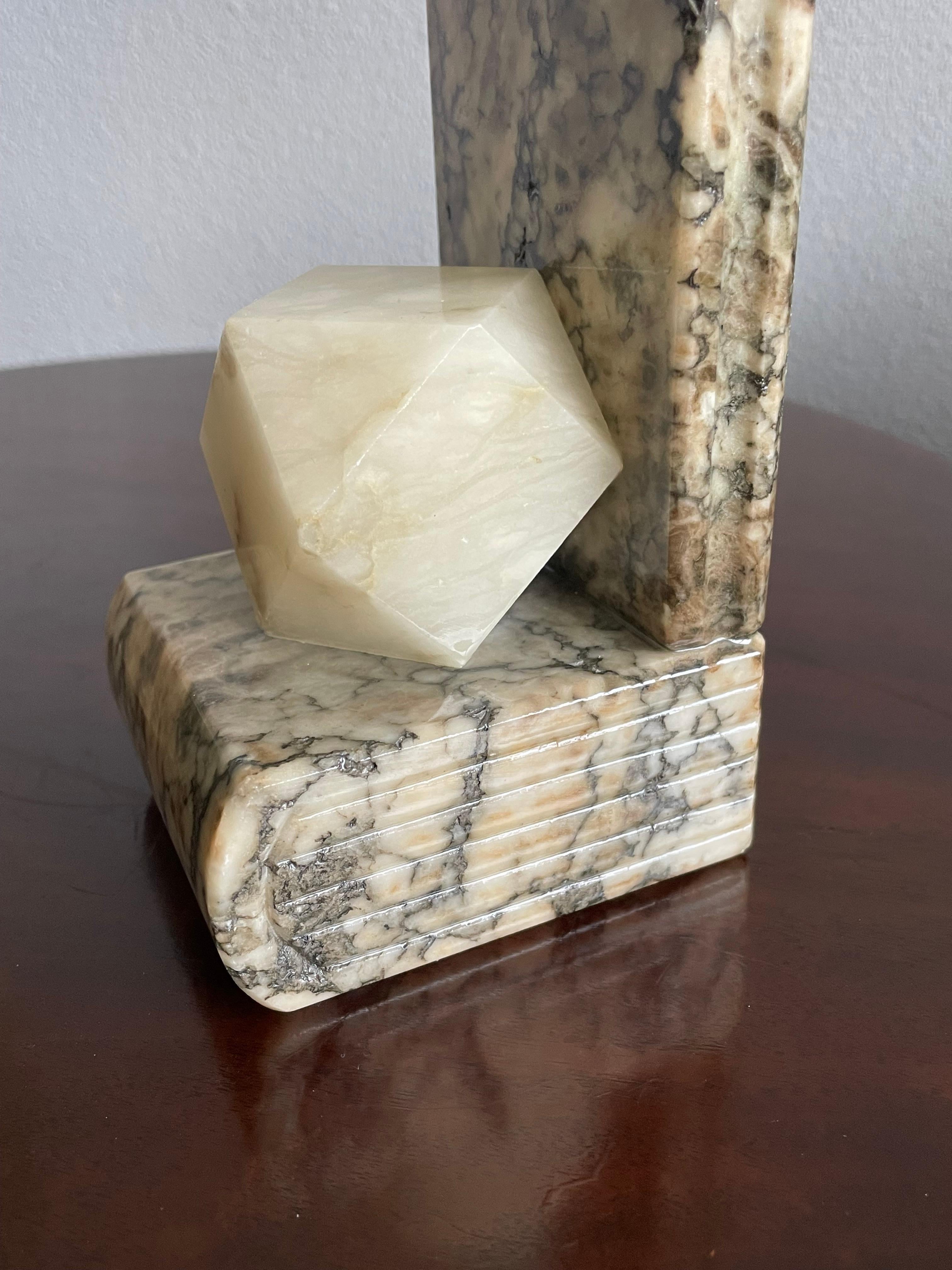 Midcentury Hand Carved Alabaster Bookends w. Science like Geometrical Element For Sale 11