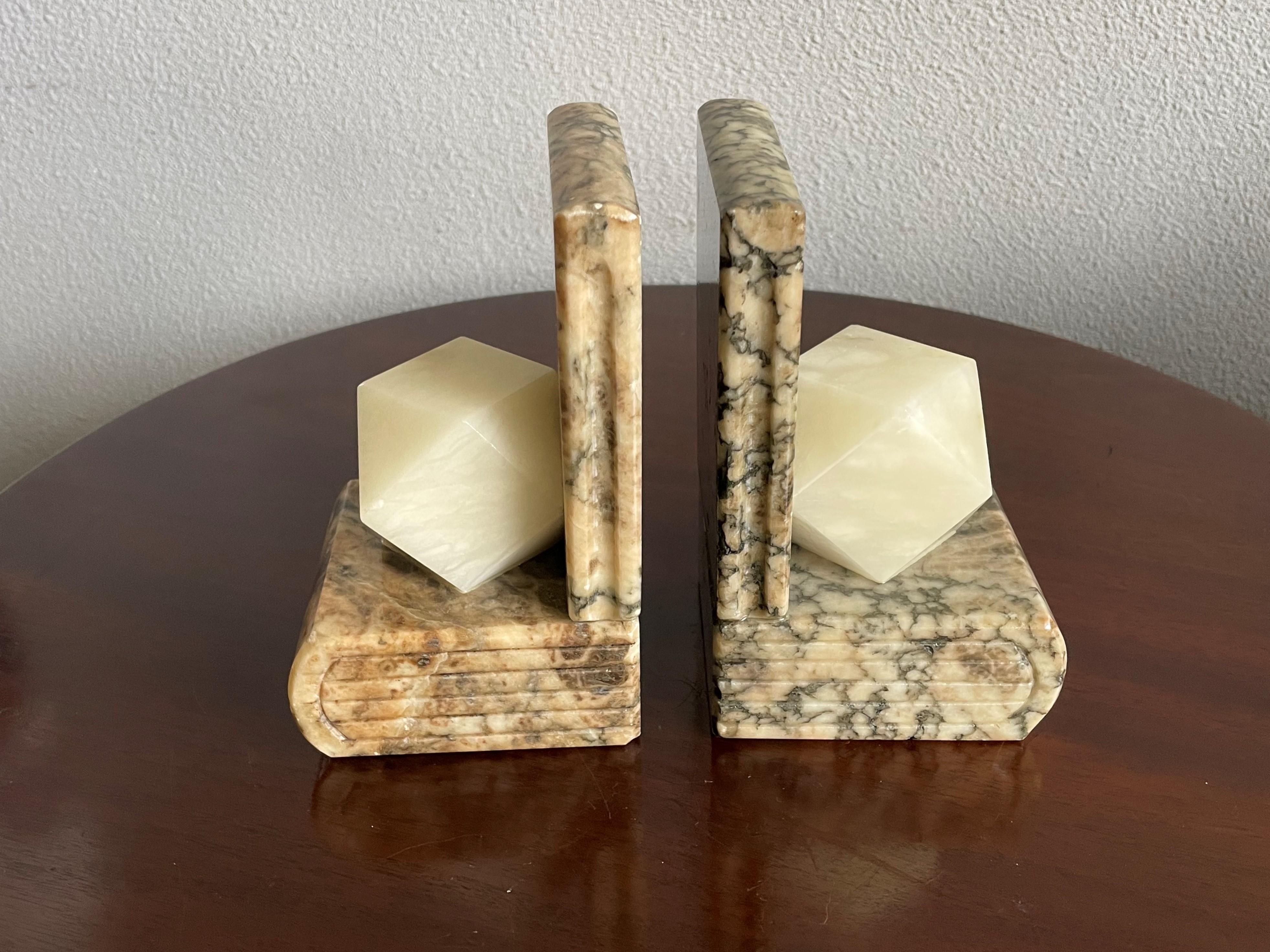 European Midcentury Hand Carved Alabaster Bookends w. Science like Geometrical Element For Sale
